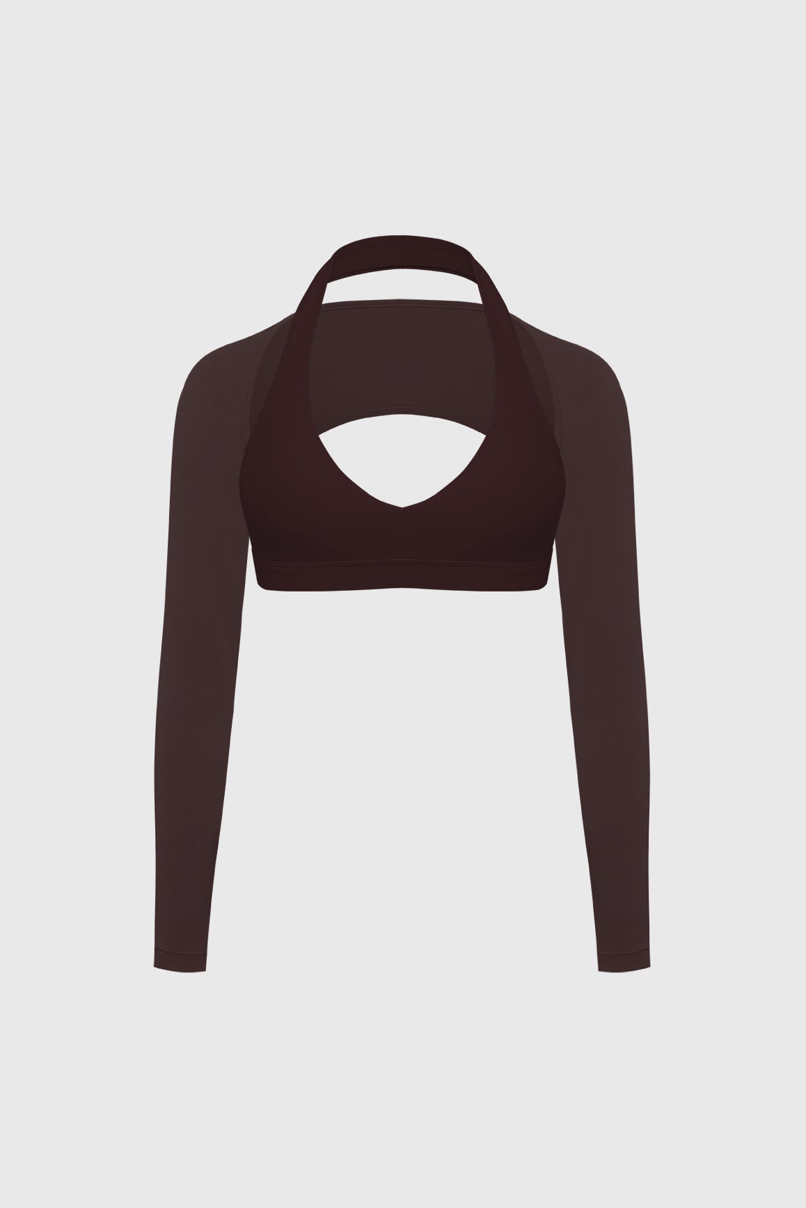 WISKII V-cut halter bra and minimal long sleeve sports shrug bundle outfit, shown on a model with neutral background.