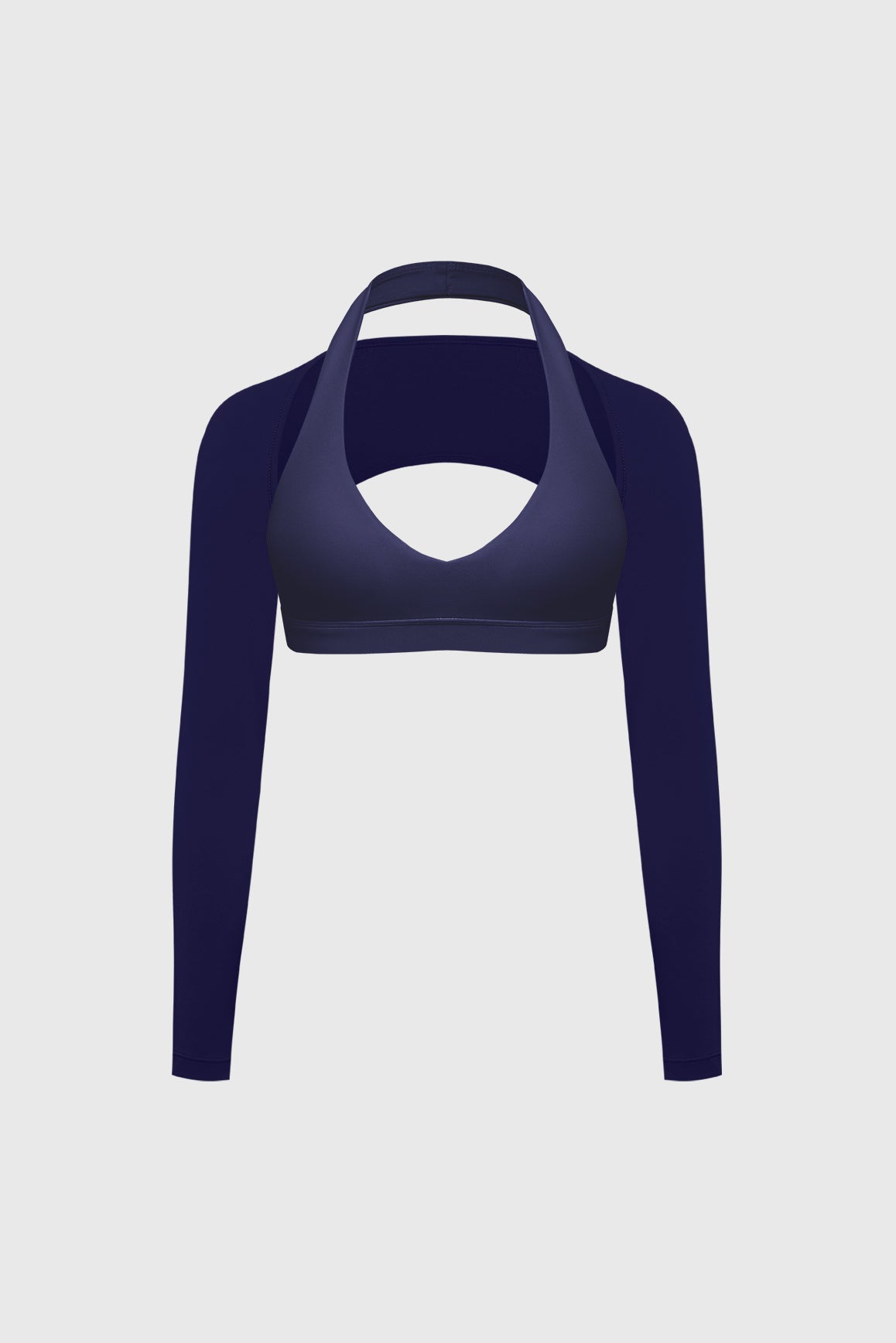 WISKII V-cut halter bra and minimal long sleeve sports shrug bundle outfit, featuring stylish, comfortable activewear in a coordinated set.