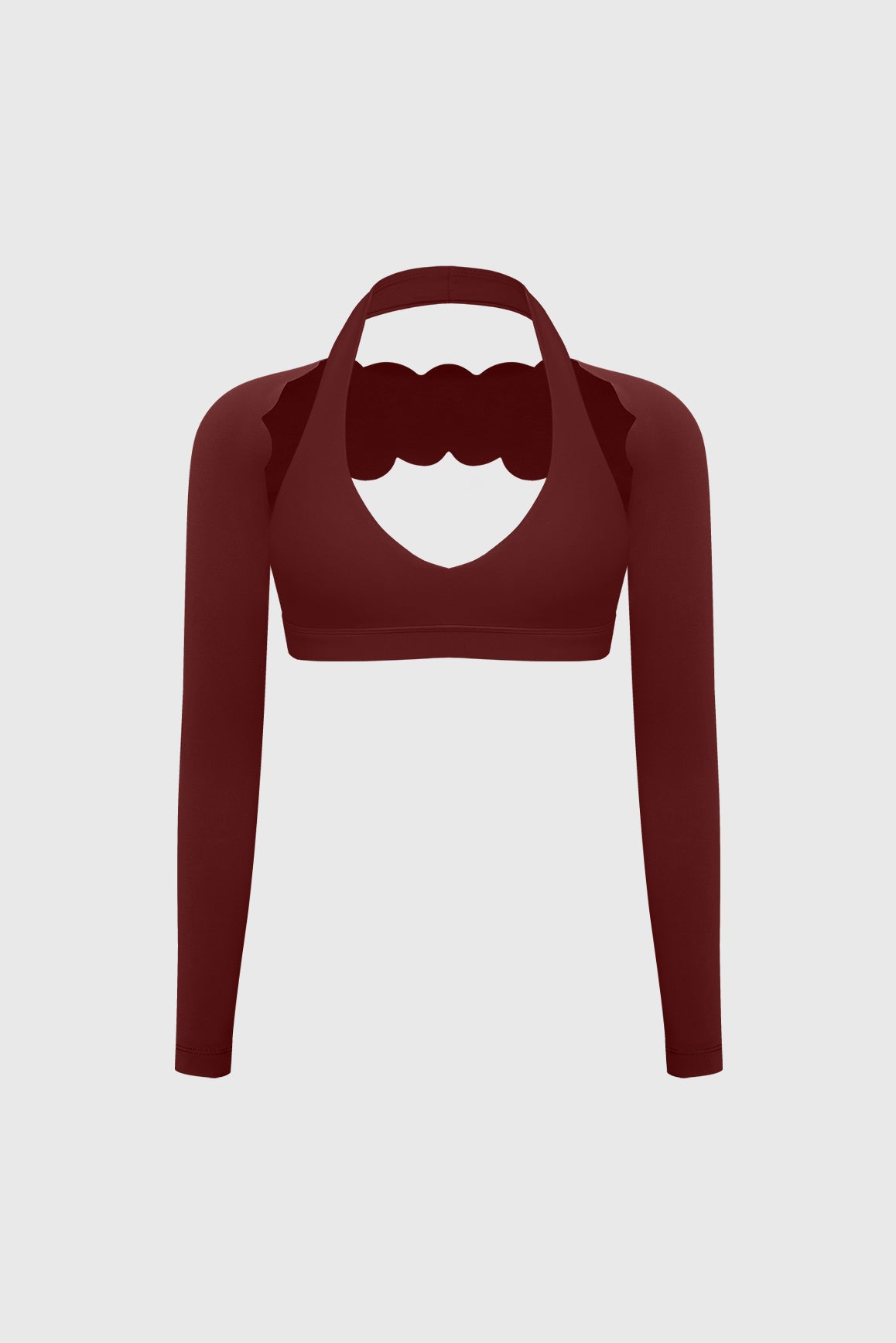 WISKII V-cut halter bra with scalloped long sleeve sports shrug, stylish bundle outfit for casual or active wear.