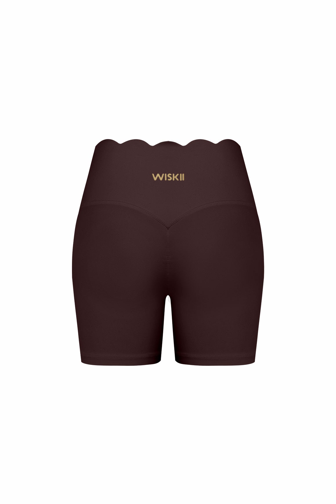 WISKII high-waist scallop scrunch shorts in light denim, showing front view with scalloped hem and scrunch detail.