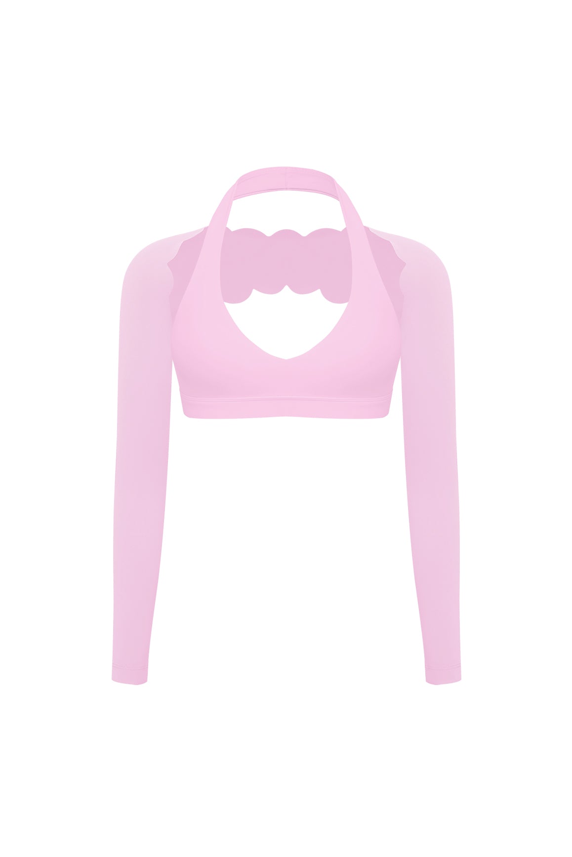 WISKII V-cut halter bra paired with a scalloped long sleeve sports shrug, stylish activewear bundle outfit for women.