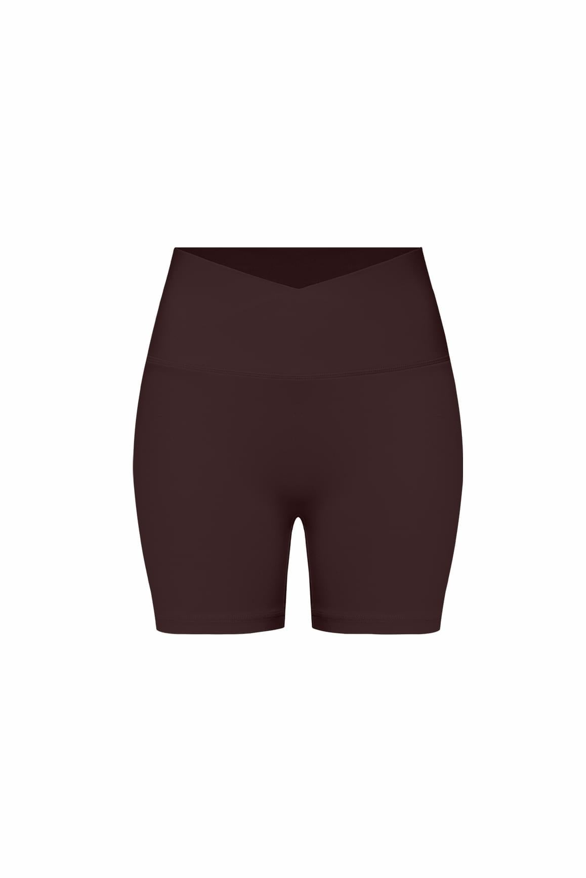 WISKII Riviera V-Waist Scrunch Shorts in light fabric, showing front view with V-shaped waist and gathered scrunch detail.