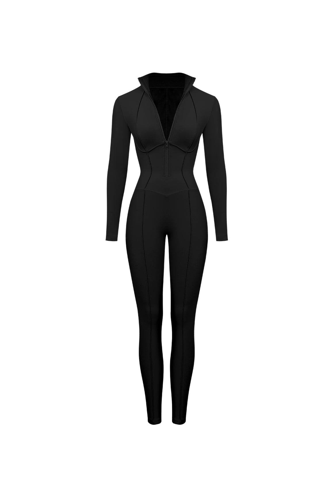 WISKII Solace tailored zip catsuit in black, featuring a sleek design and fitted silhouette for a stylish look.