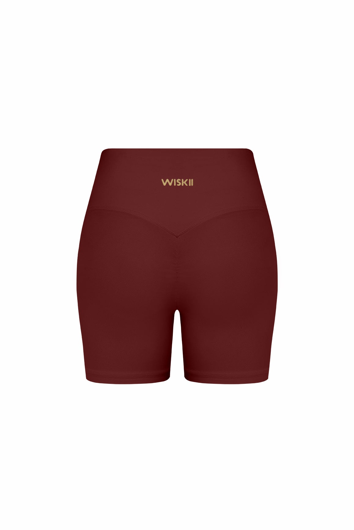 WISKII high-waist Vigor scrunch shorts in mulled wine color, showcasing the fitted design and stylish scrunch detailing.
