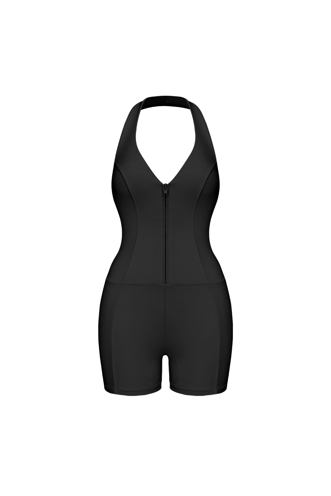 Model wears a Riviera Hourglass Zip Front Romper | Black| WSKII Active