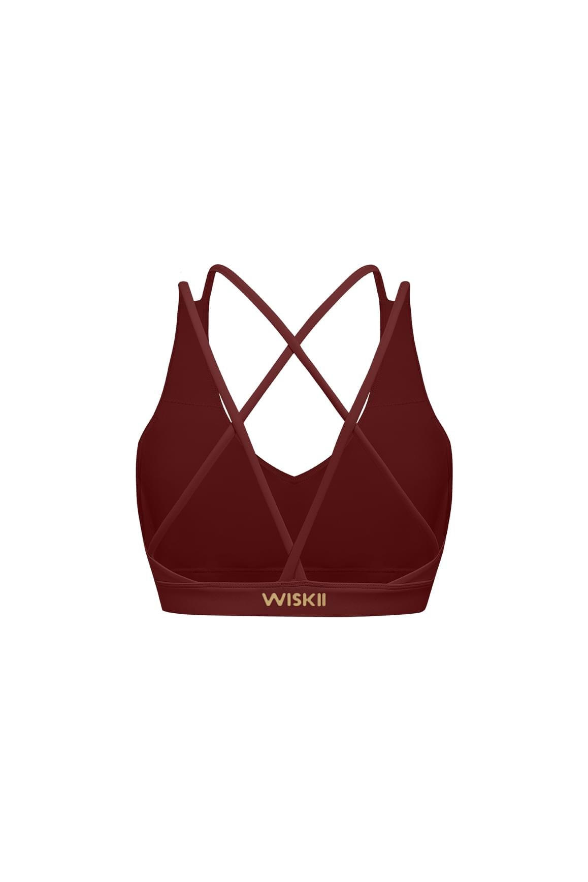 WISKII 熱紅酒色圓領交叉美背運動內衣,具支撐性設計與時尚交叉背帶。