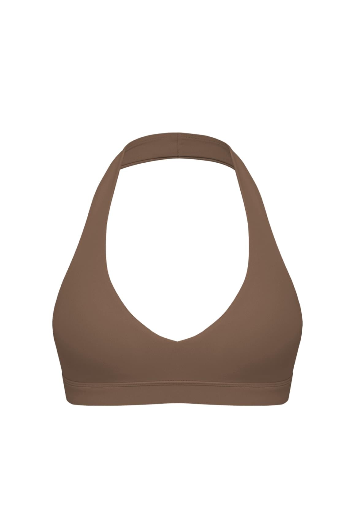 WISKII V-Cut Halter Sports Bra in desert color, featuring supportive design and V-neck style for active wear.