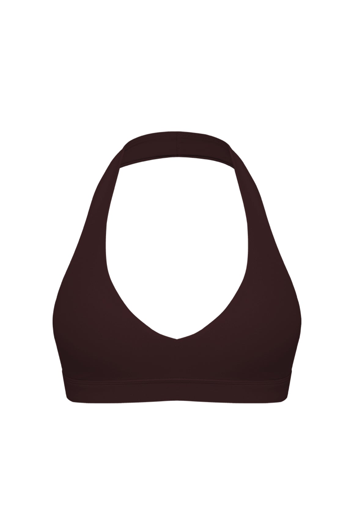 WISKII V-Cut Halter Sports Bra featuring supportive design and comfortable fit, shown in black with V-neck and halter straps.