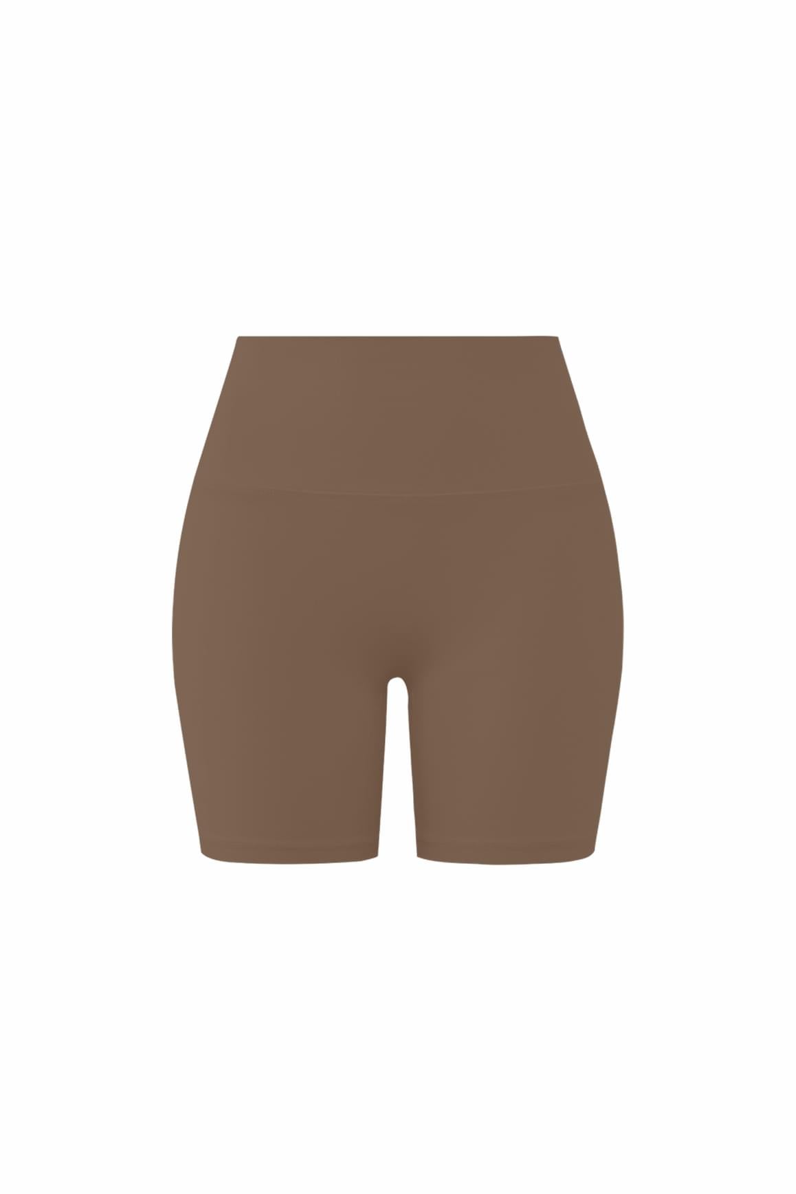 WISKII high-waist Vigor Scrunch shorts in desert truffle color, featuring a fitted design and comfortable stretch fabric.