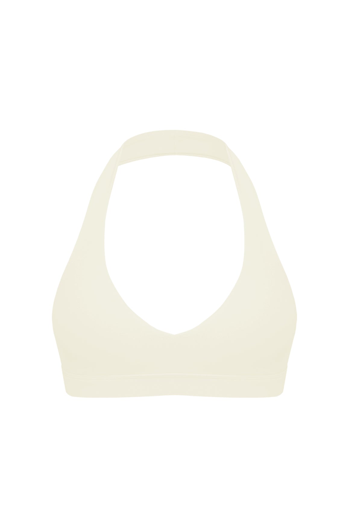 WISKII V-Cut Halter Sports Bra in milk color, featuring a V-shaped neckline and supportive design for active wear.