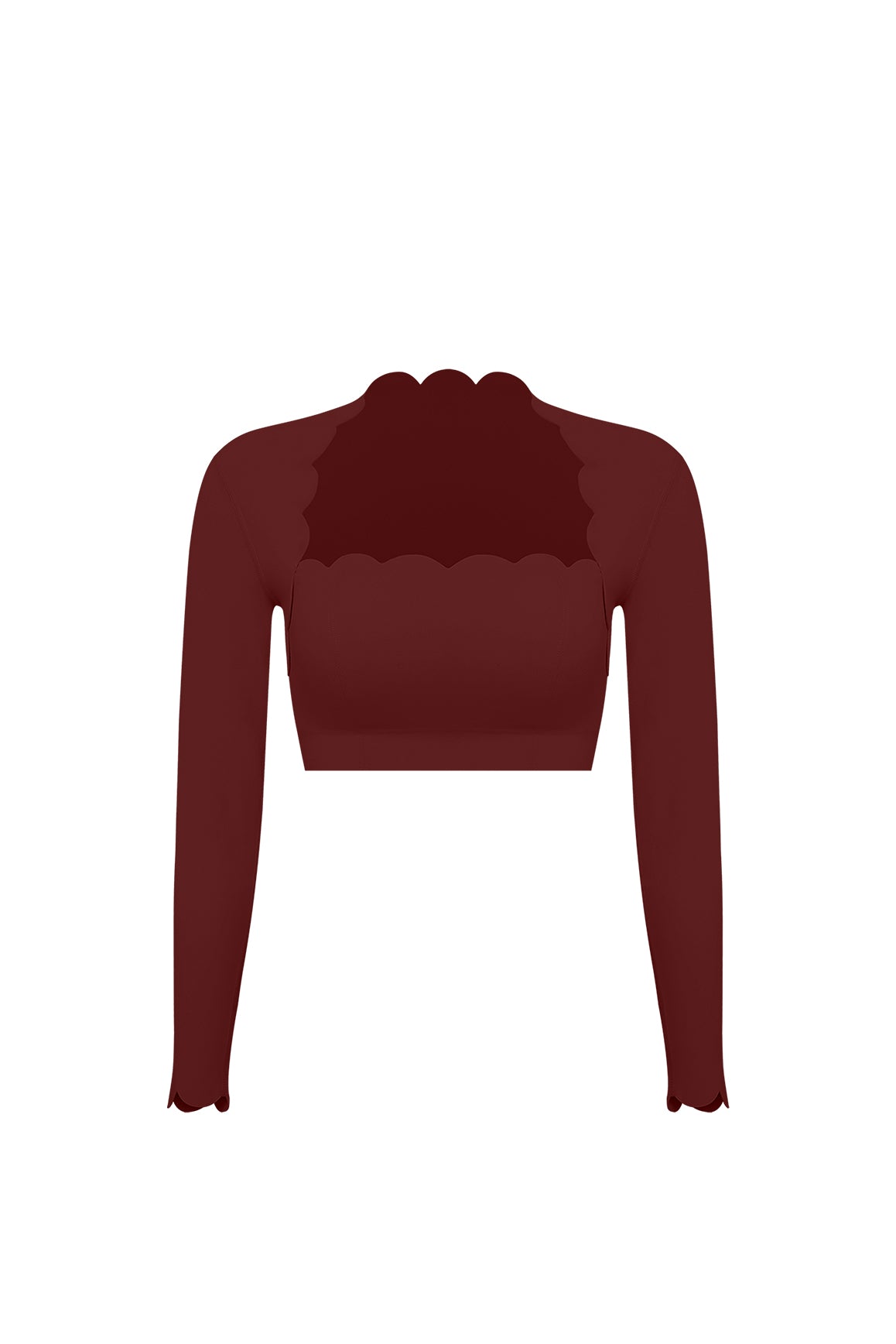 WISKII scallop cropped long sleeve top in soft fabric with a stylish scalloped hem, perfect for casual outfits.