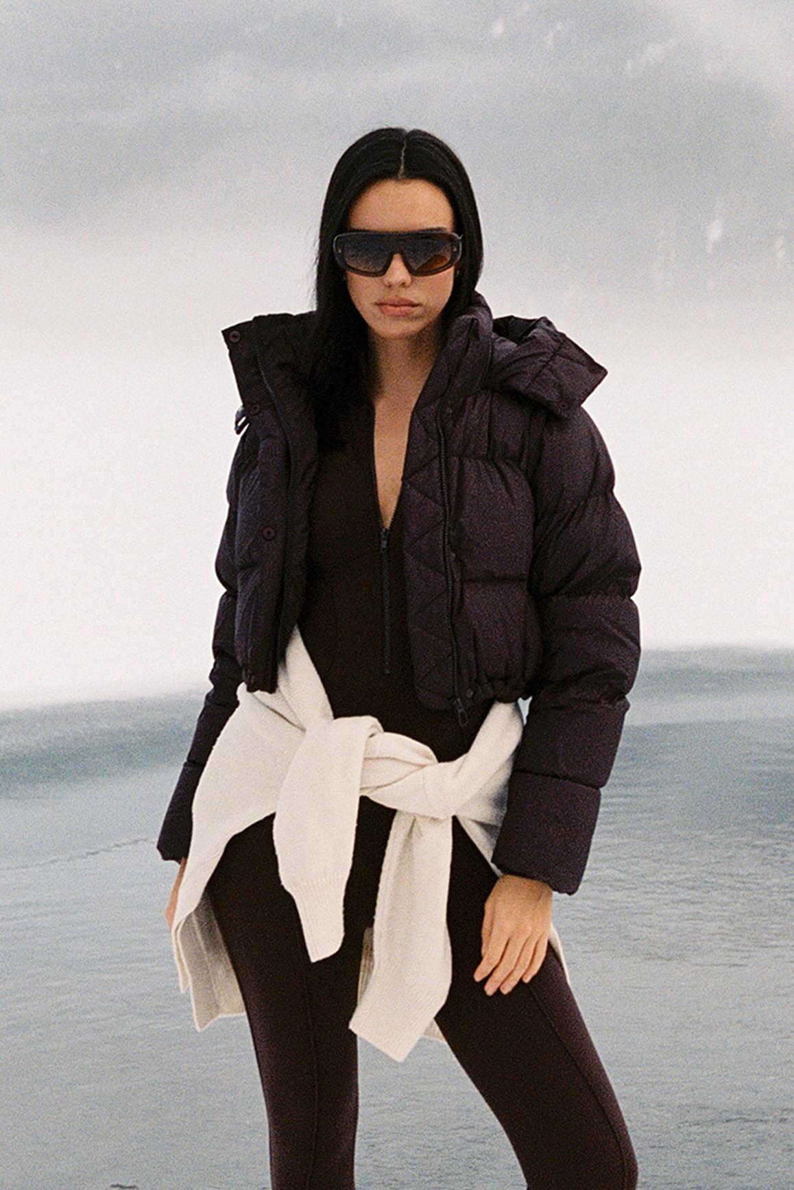 WISKII Cropped Convert Down Jacket in black, hooded, lightweight, with quilted design, suitable for cold weather, casual outerwear.