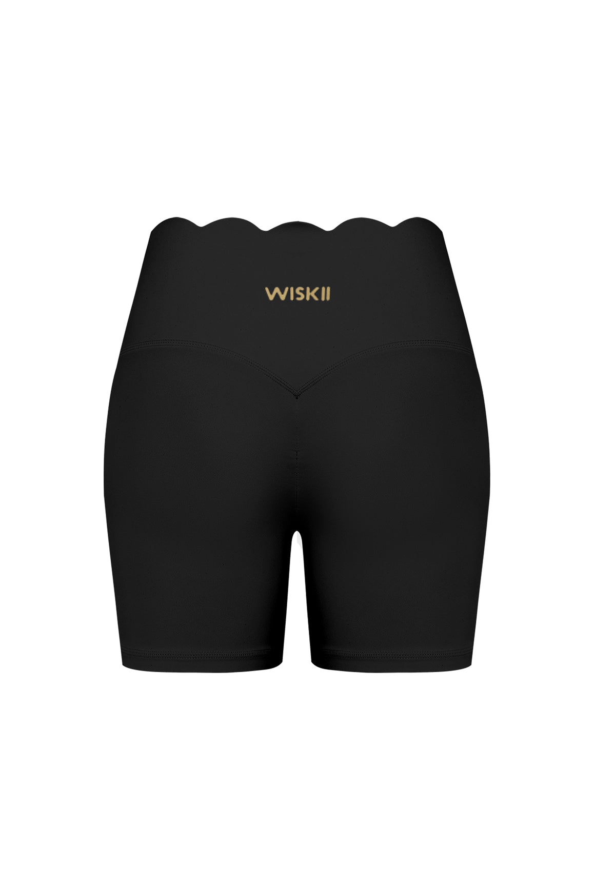Black high-waist scallop scrunch shorts by WISKII, featuring a stylish back view and a flattering fit.