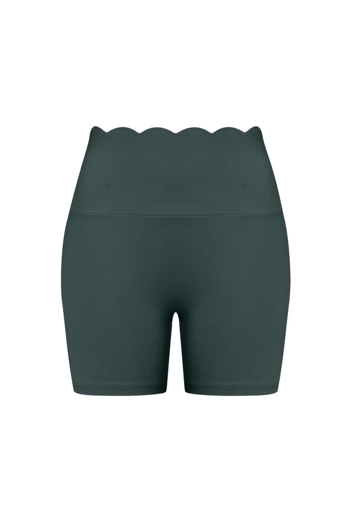 WISKII high-waist scallop scrunch shorts in deep sea blue, featuring a stylish scalloped hem and flattering fit.