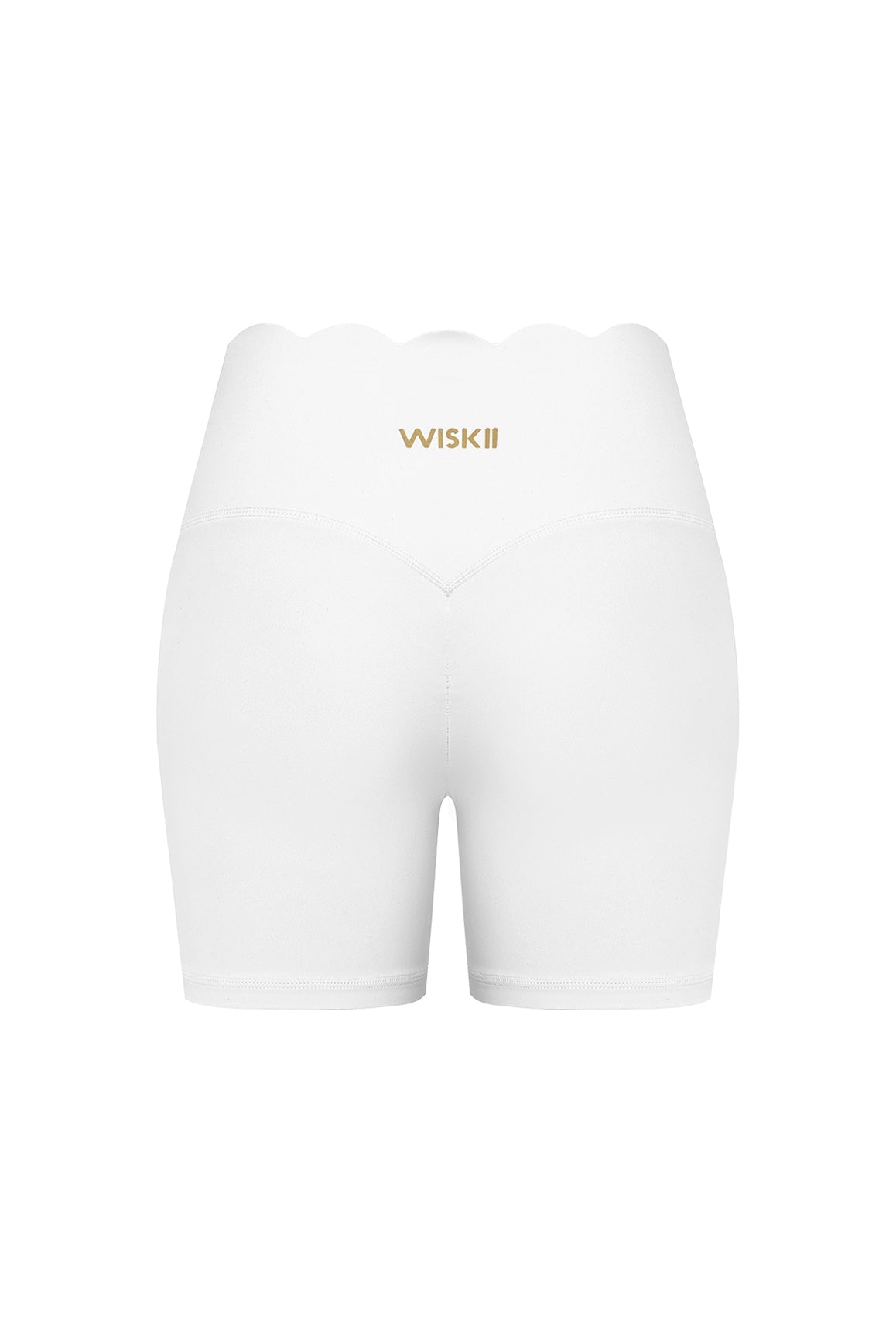 High-waist ivory scallop scrunch shorts by WISKII, showcasing a stylish back view and textured fabric detail.