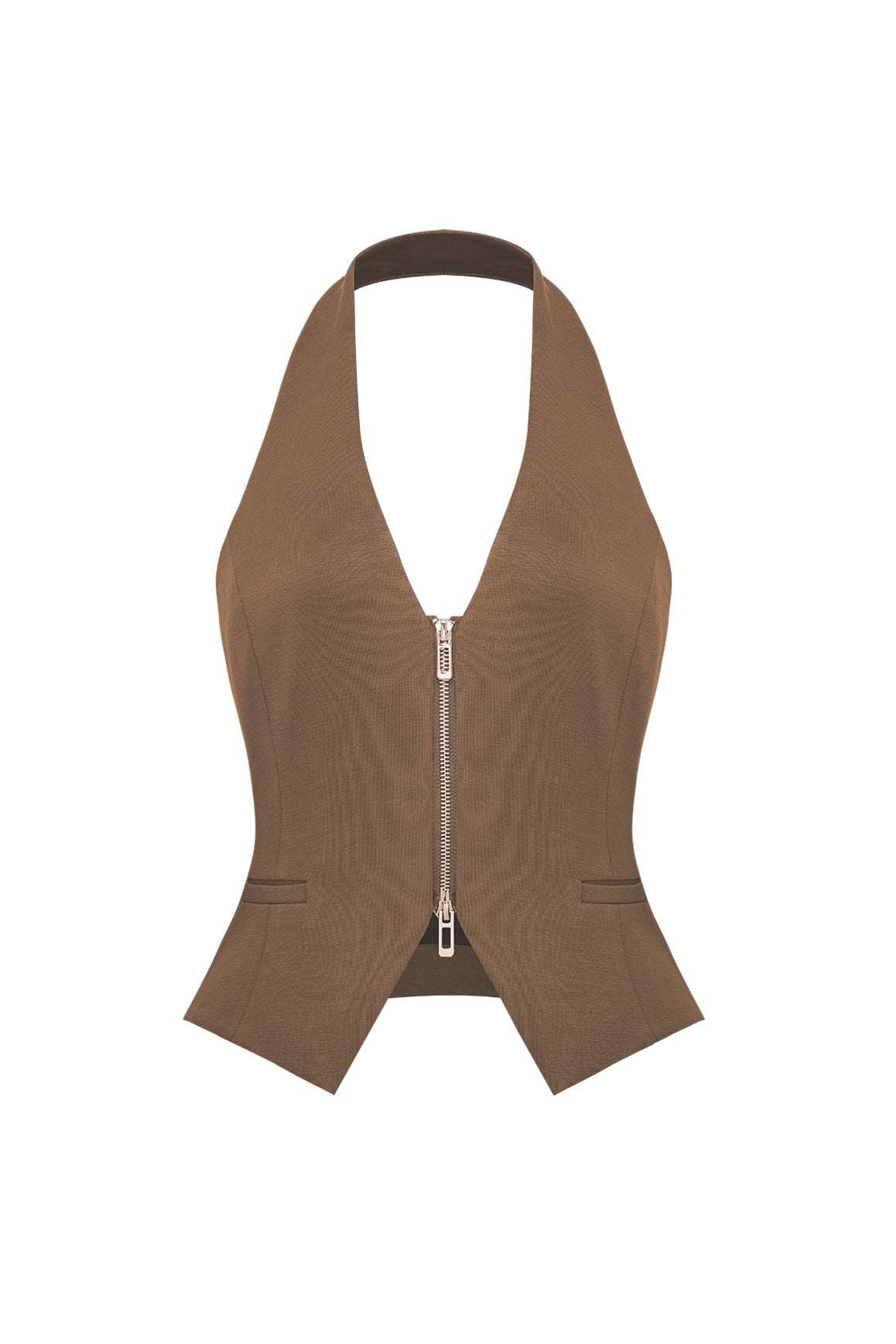 WISKII Mere Dual-Zip Halter Vest in tan, stylish sleeveless vest with dual front zippers and halter neckline, casual and trendy design.