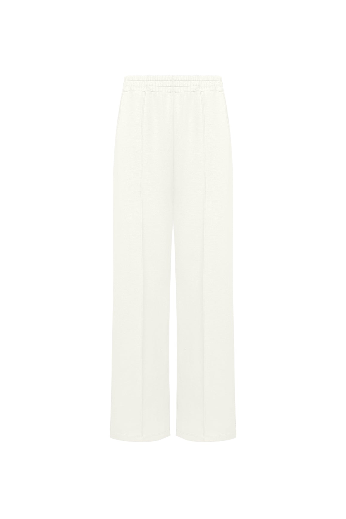 WISKII Ease Wide Leg Pant in cream color, stylish and comfortable pants with a relaxed fit, shown on a model.
