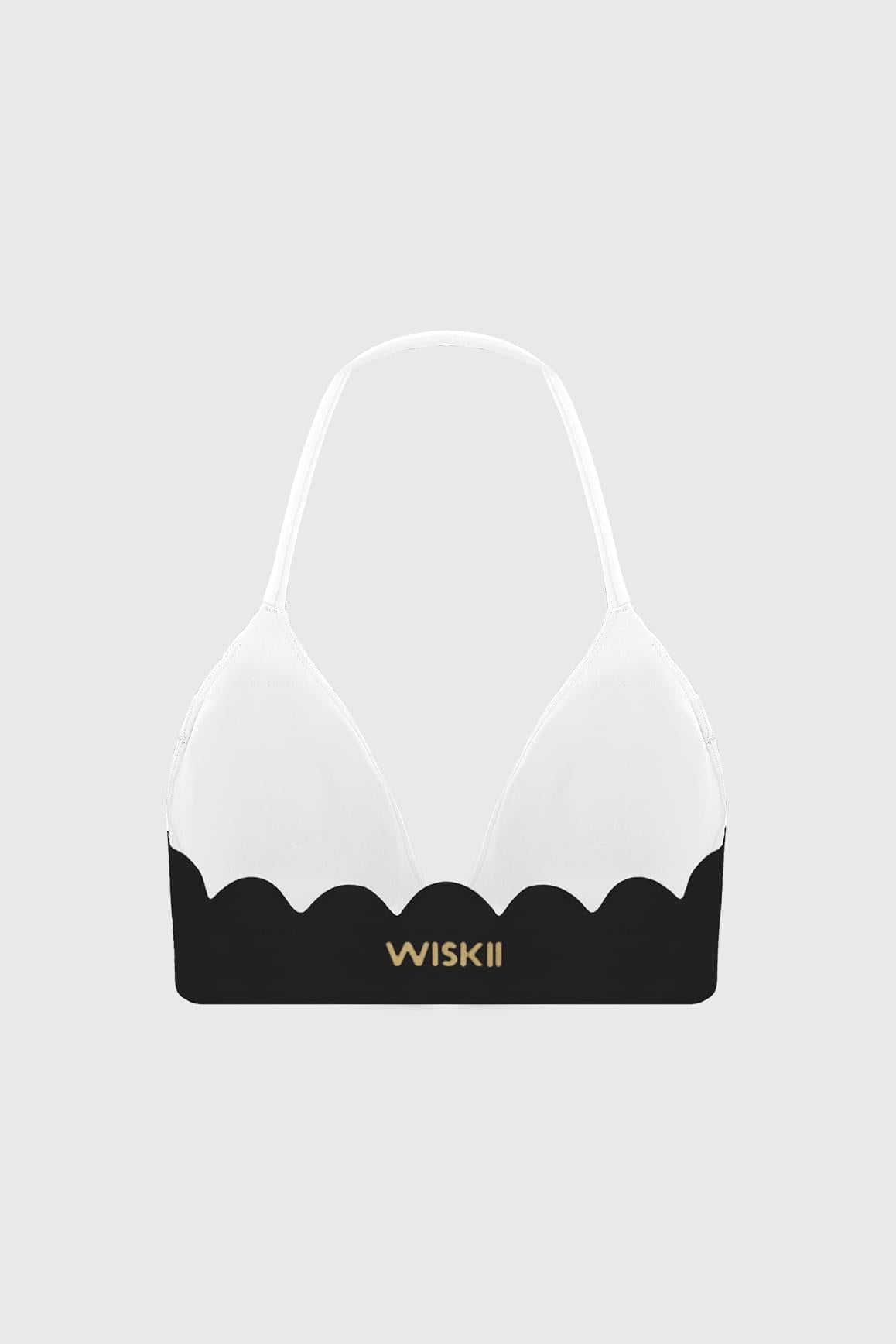 WISKII scallop contour halter sports bra with supportive design and scalloped edges, shown on a white background.