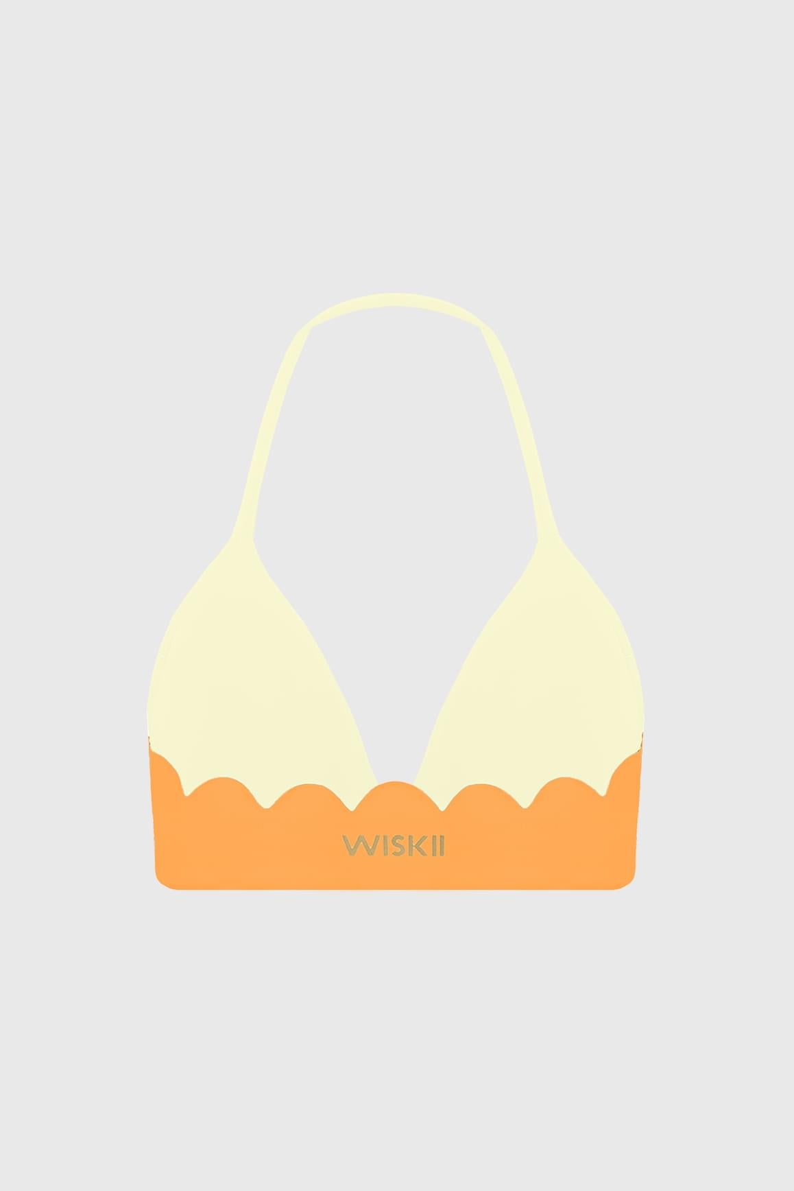 WISKII scallop contour halter sports bra with adjustable straps and supportive fit, shown on a mannequin.