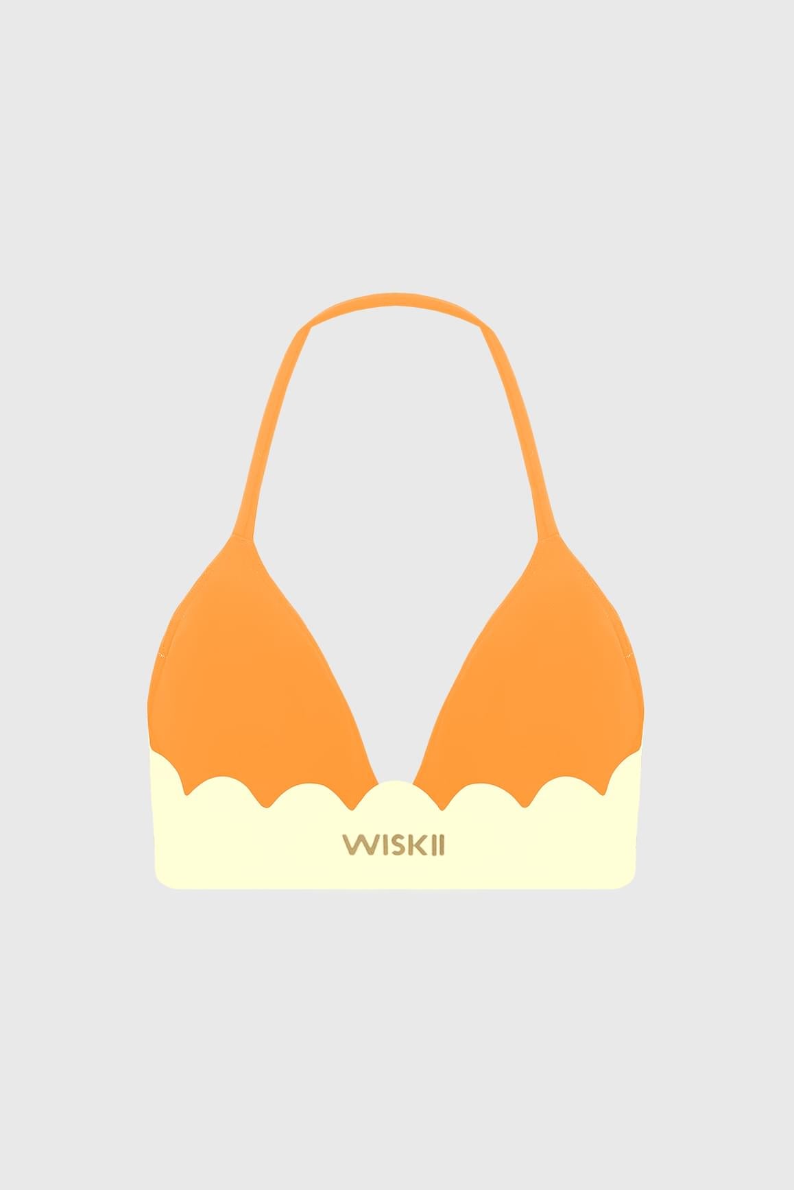 WISKII 扇貝輪廓掛脖運動內衣,具支撐設計與時尚扇邊細節,展示於模特兒身上。