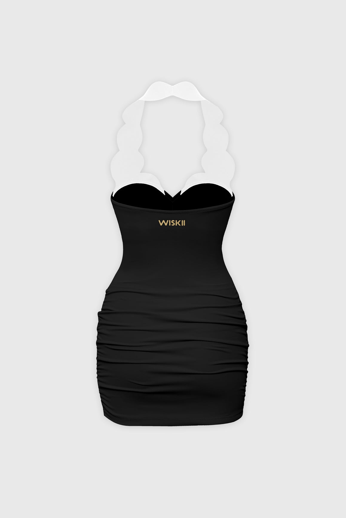 WISKII Riviera scallop contrast halter dress featuring a fitted bodice, scalloped details, and a stylish halter neckline.