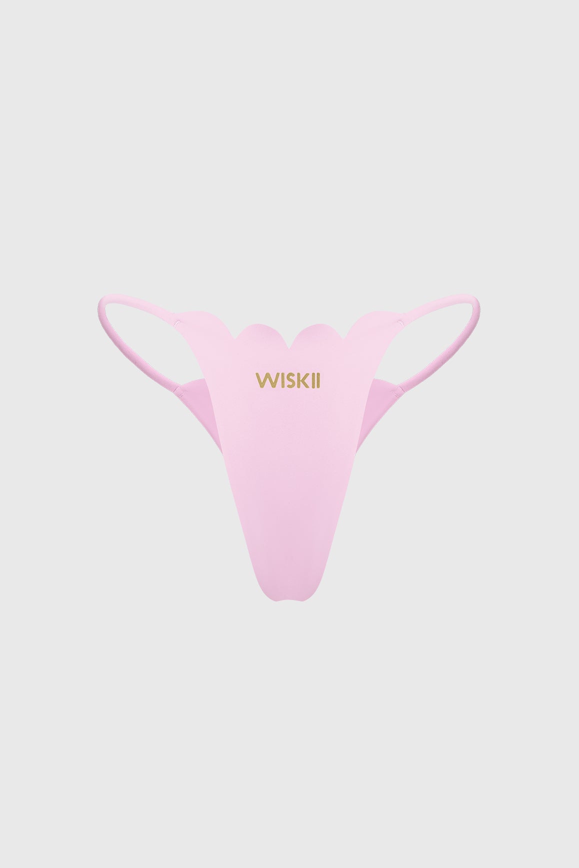 WISKII scallop high-leg bikini bottom underwear in pastel pink with ruffled scallop edges, shown on a model.