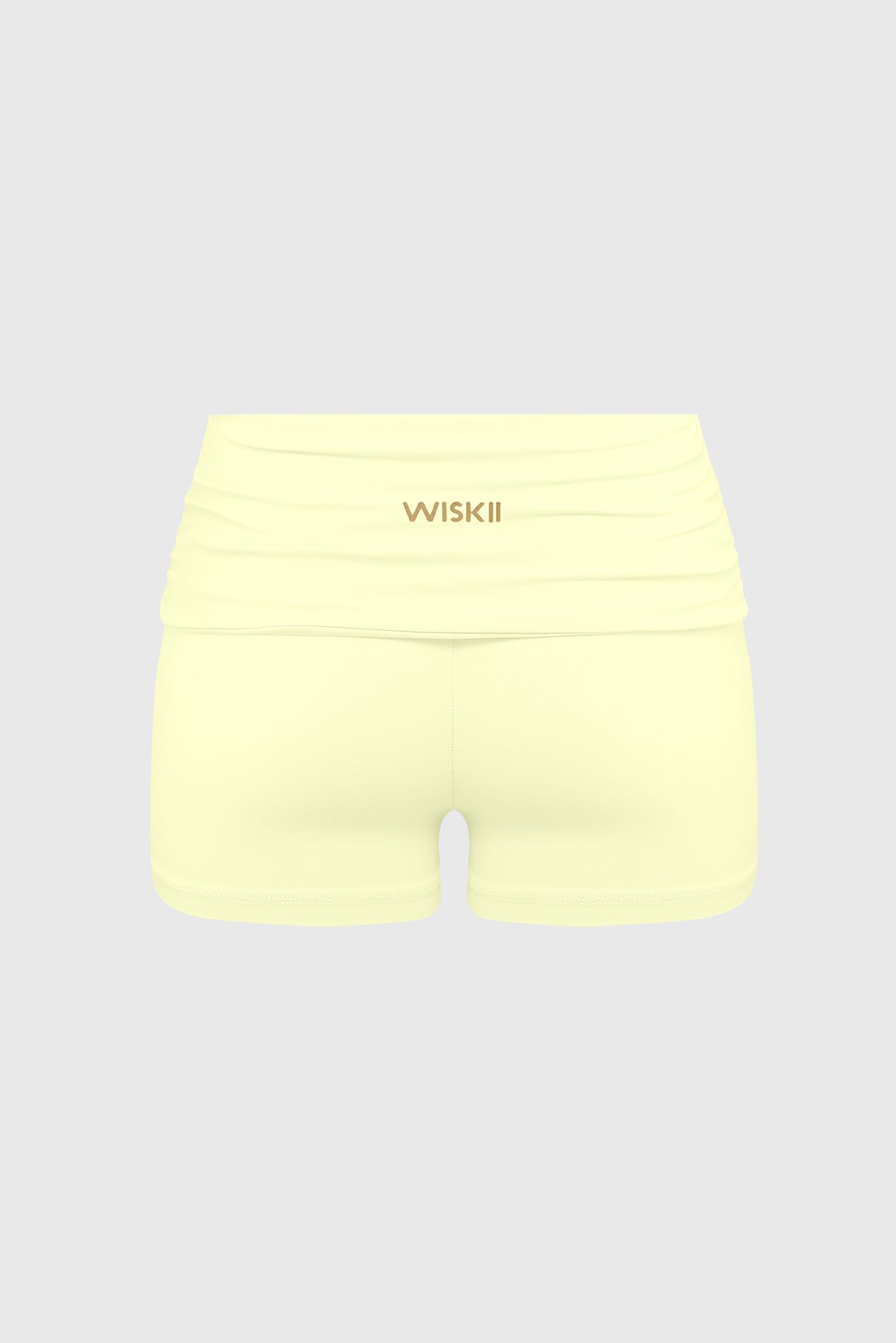 WISKII Riviera low rise scrunch shorts in vibrant fabric, showing the back view with ruching detail and adjustable waistband.