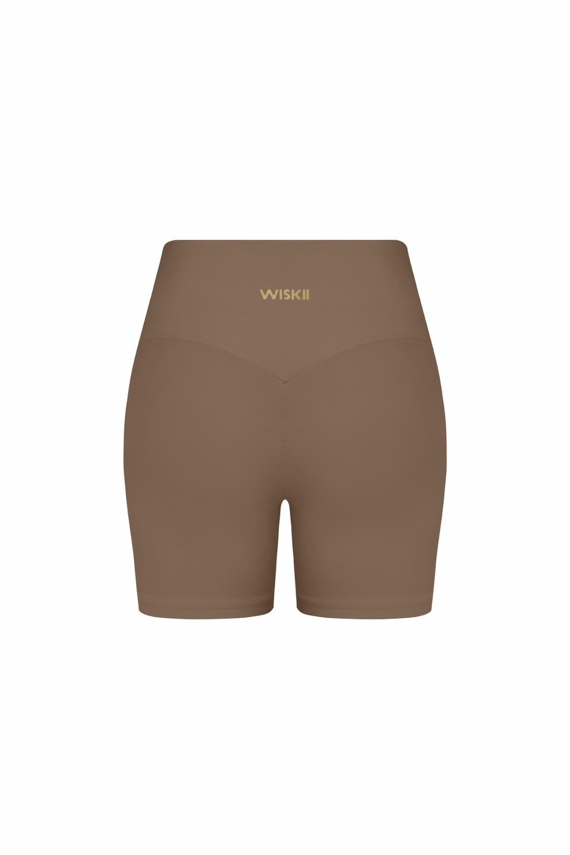 WISKII High-Waist Vigor Scrunch Shorts in desert truffle, showcasing the fitted design and textured fabric from the front view.
