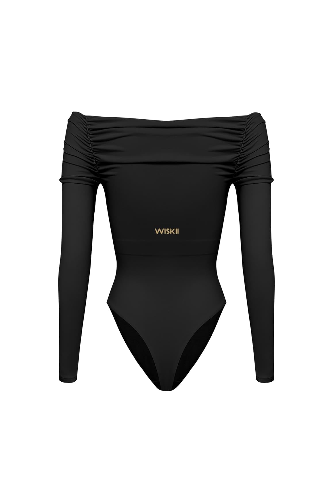Long Sleeve Off Shoulder Pleated Bodysuit - WISKIIWS526blackS