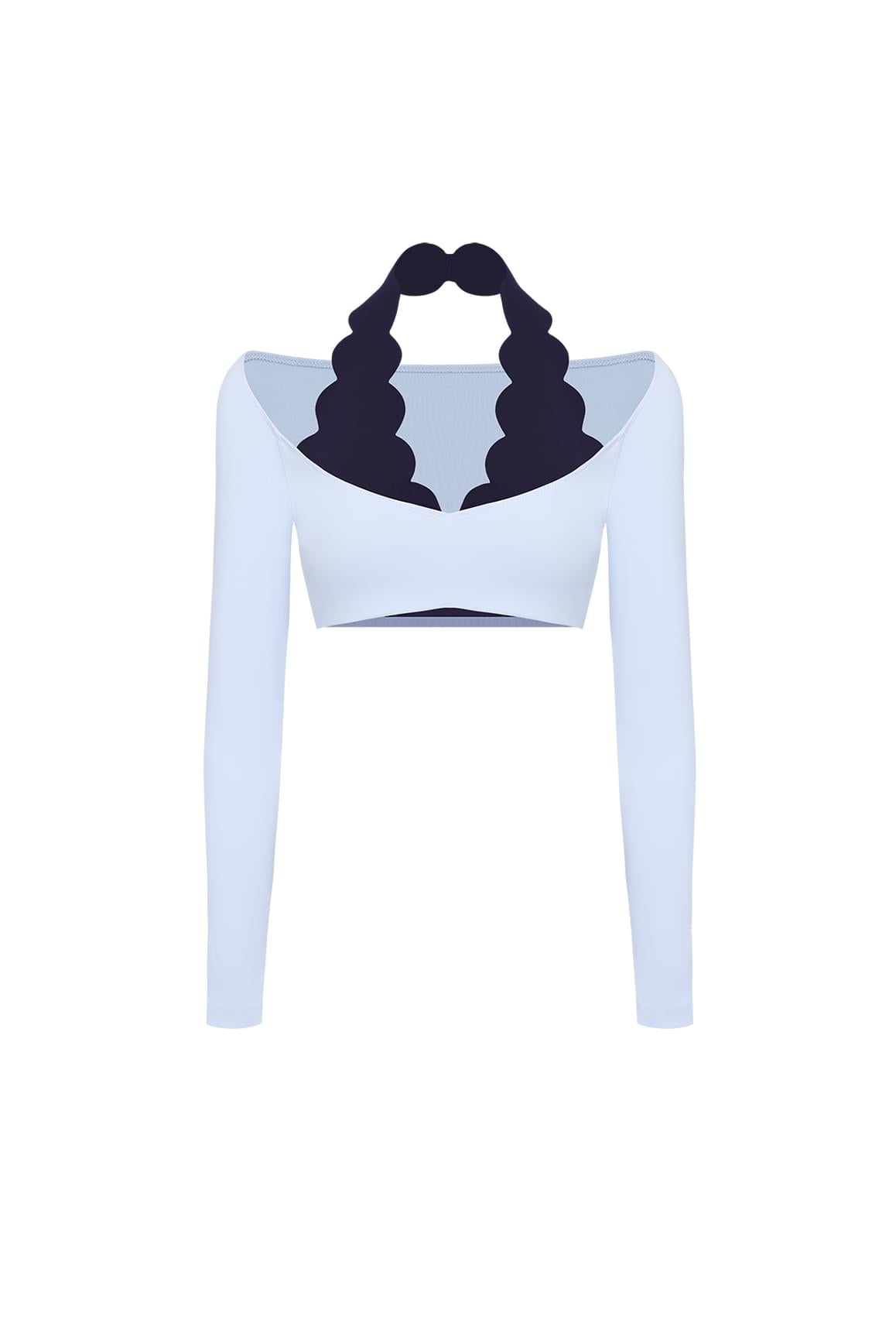 Long Sleeve Scallop Colorblock Crop Top - WISKIIWS671heavenlymidnightS