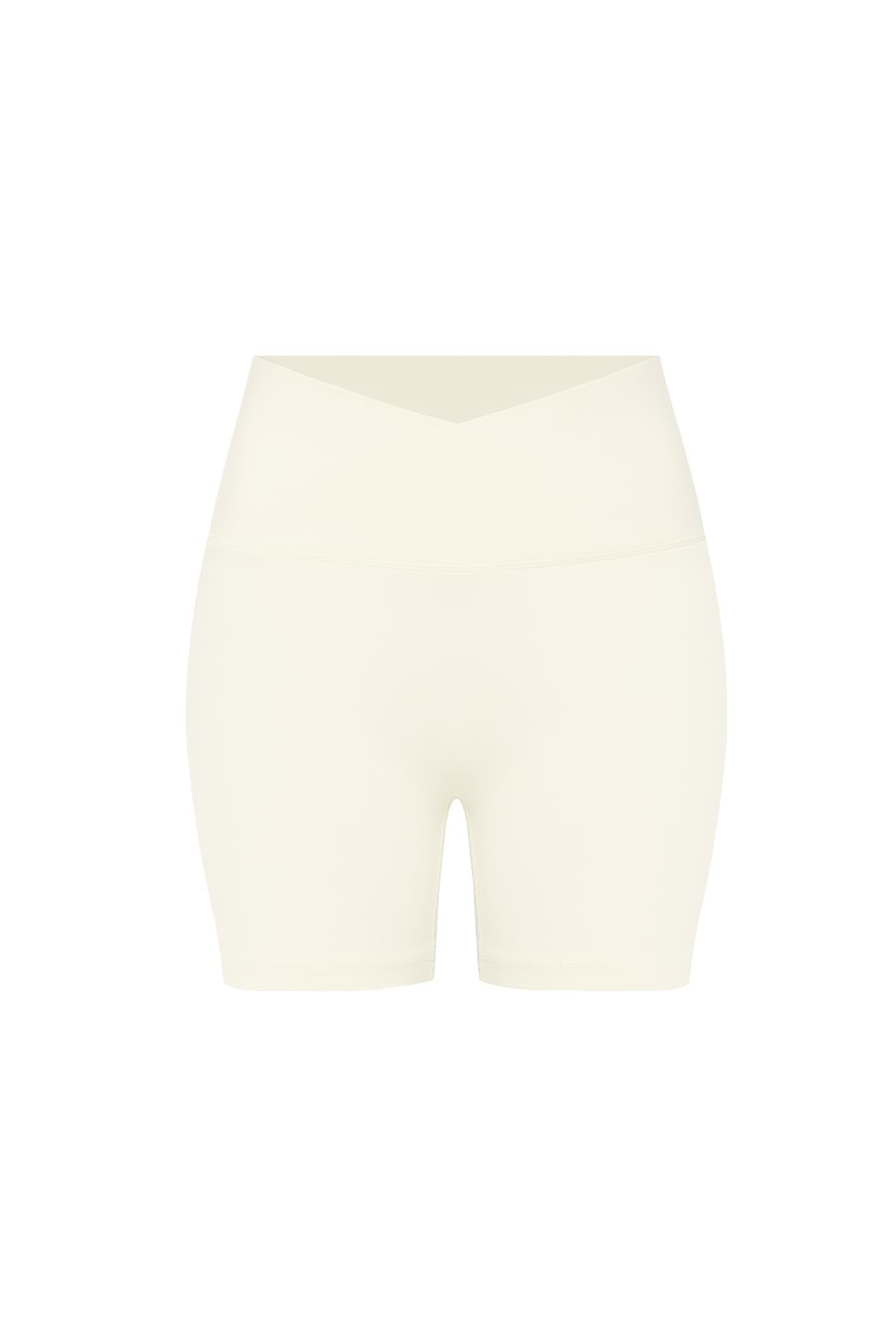 WISKII Riviera V-Waist Scrunch Shorts in oat milk color, showing the high-waist design and textured fabric.
