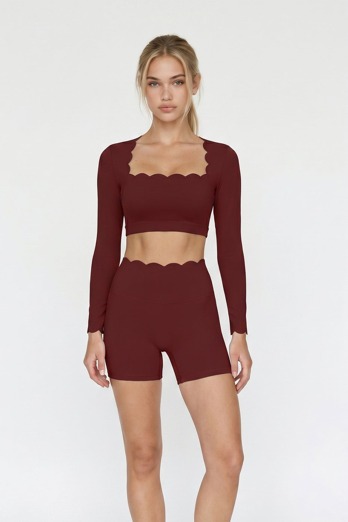 Scallop Cropped Long Sleeve Top - WISKII - Crop Tops