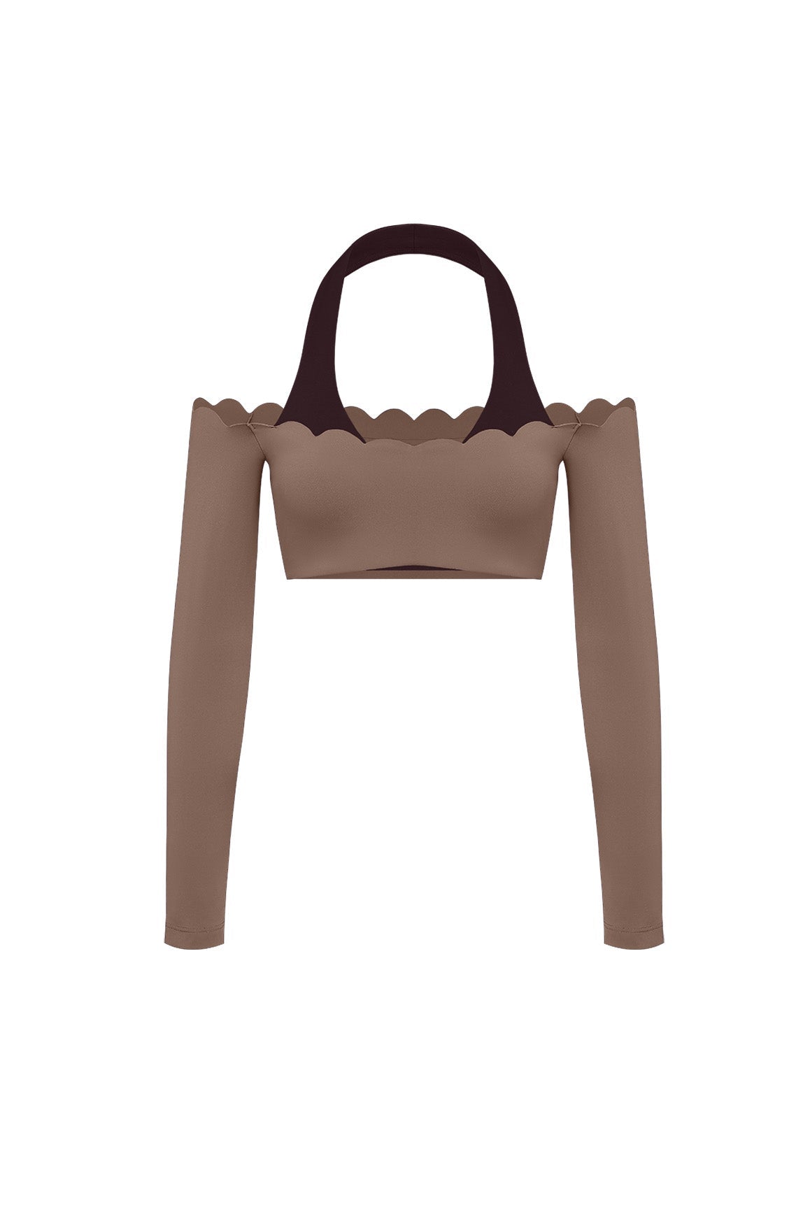 Scallop Off-Shoulder Colorblock Long Sleeve Crop Top - WISKII - Crop Tops