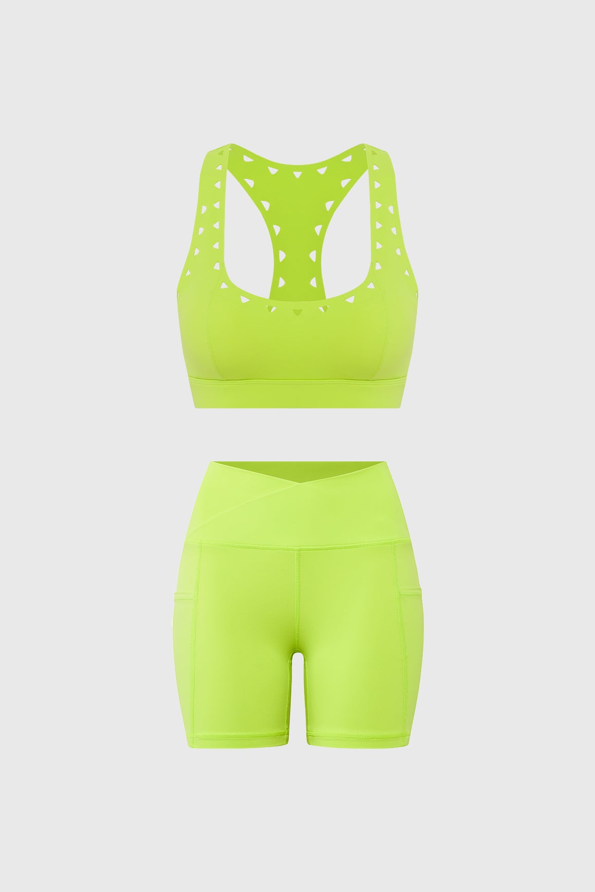 Model wears Racerback Laser Cut Sports Bra + V-Waist Vigorous Short | WISKII