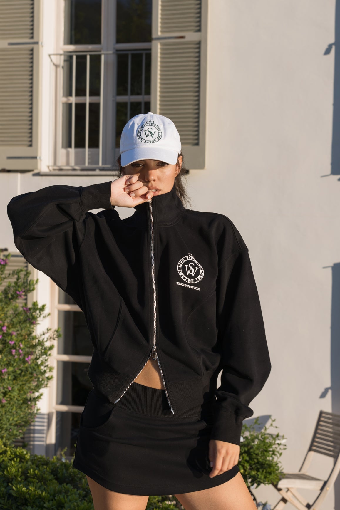 WISKII bundle outfit featuring a flame orange two-way zipper jacket and a stylish mini sweat skirt, size S.