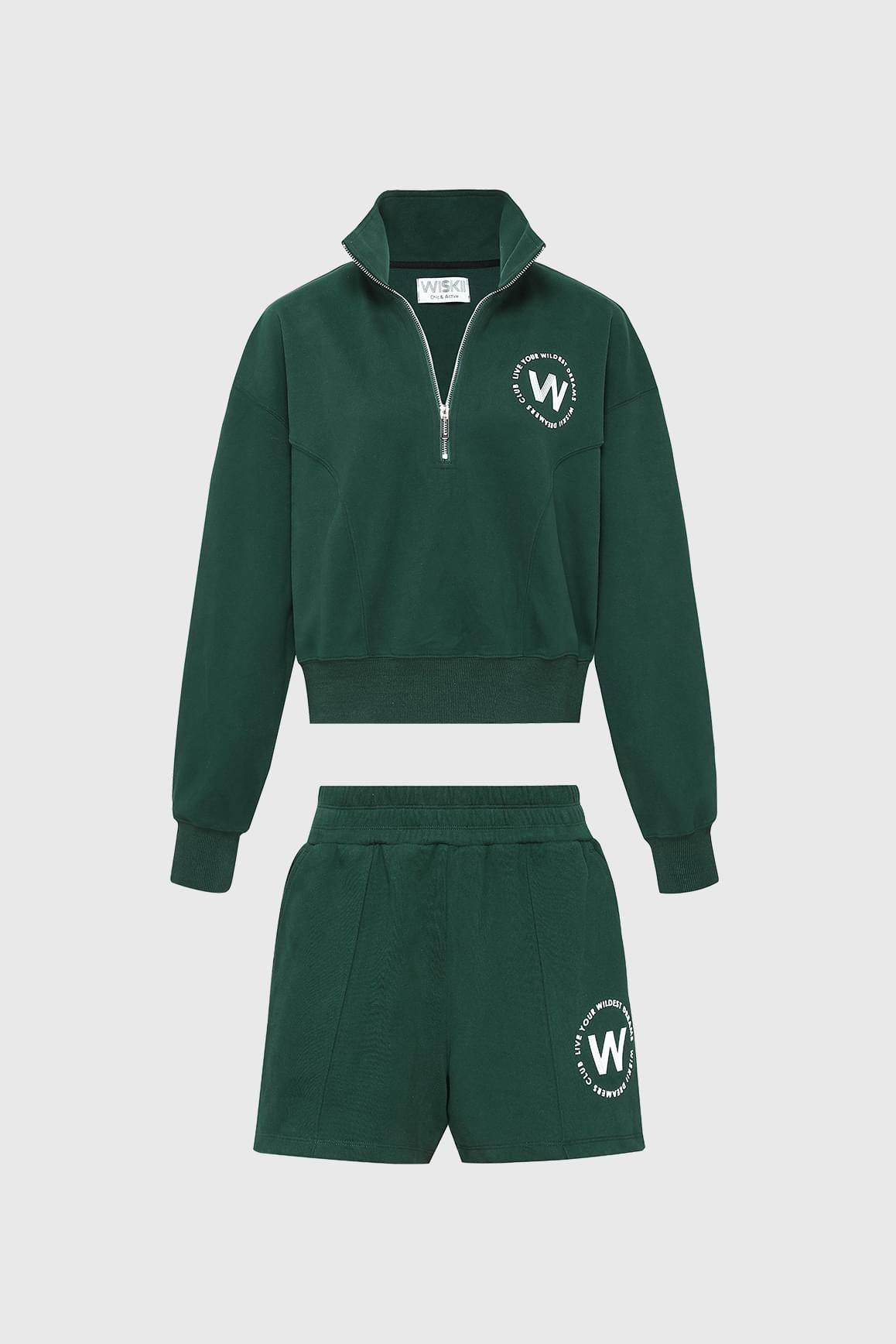 WISKII 綠色休閒半拉鏈衛衣搭配高腰衛褲套組,休閒居家服套裝,兼顧舒適與時尚