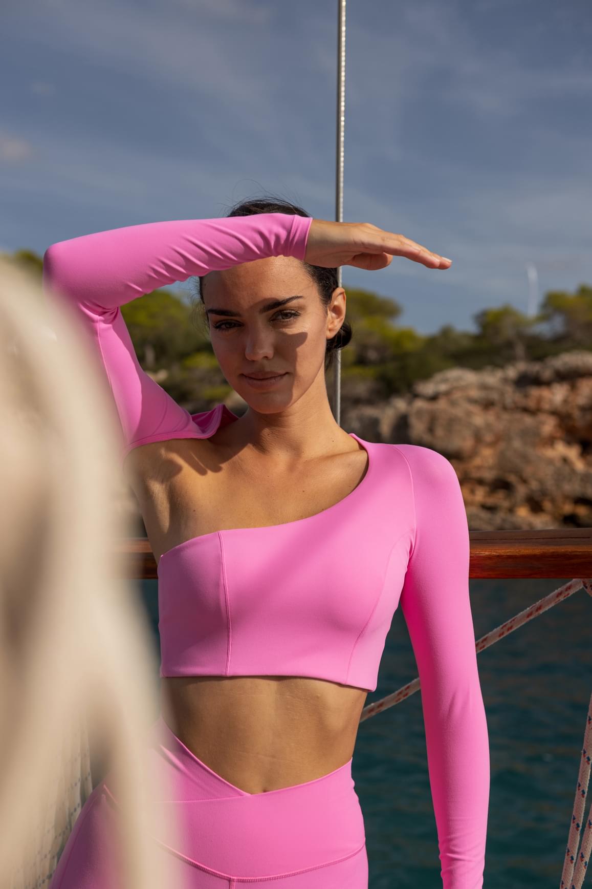 Ivory WISKII long sleeve crop top with unique cut design, stylish crop top for casual and trendy outfits.