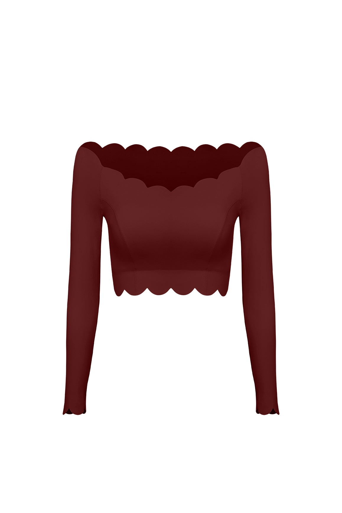 WISKII off-shoulder long sleeve crop top in mulled wine color, stylish crop top with a relaxed fit and feminine neckline.