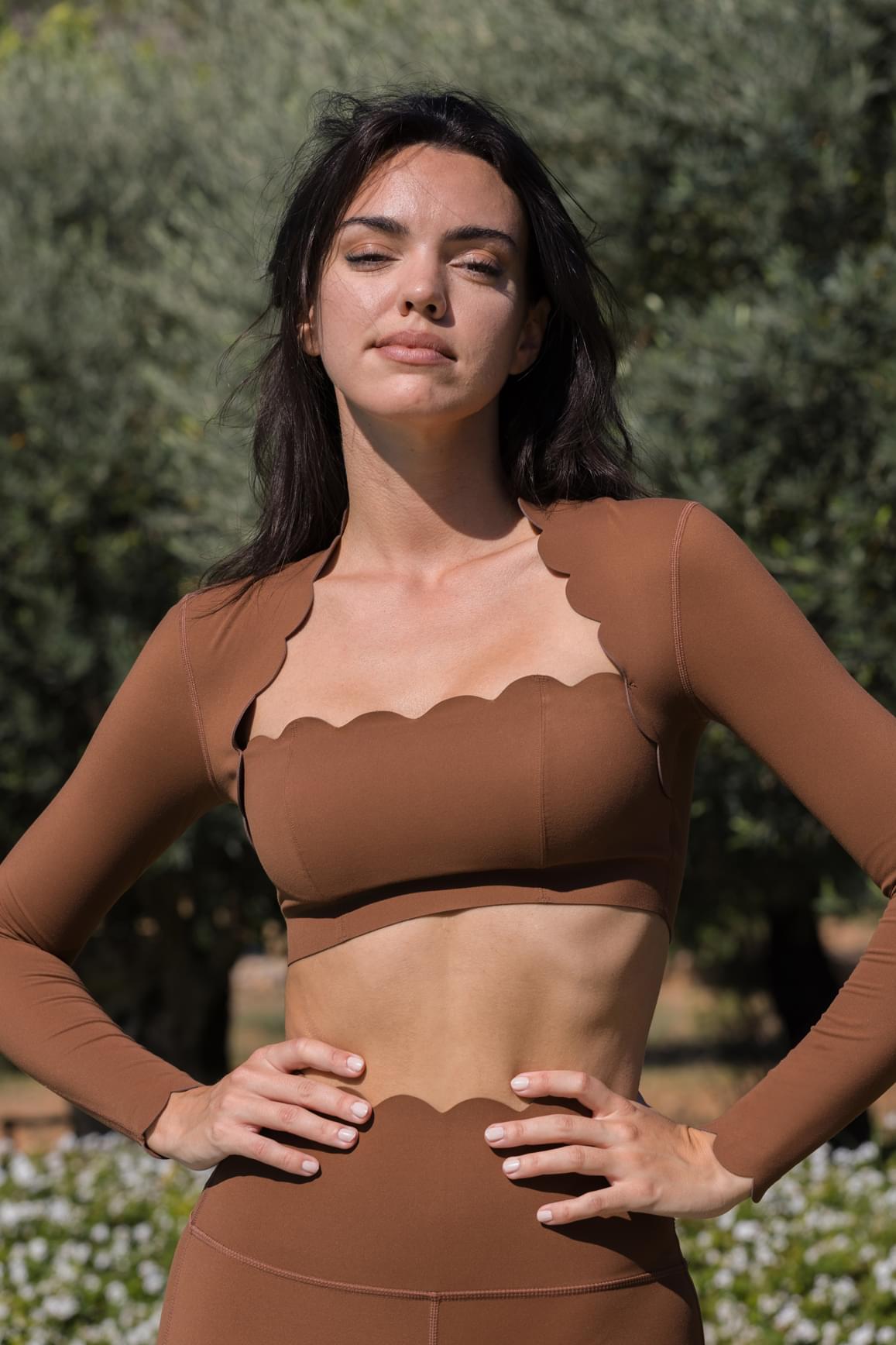 WISKII scallop crop top with long sleeves and sakura design, mini length, stylish for casual wear.