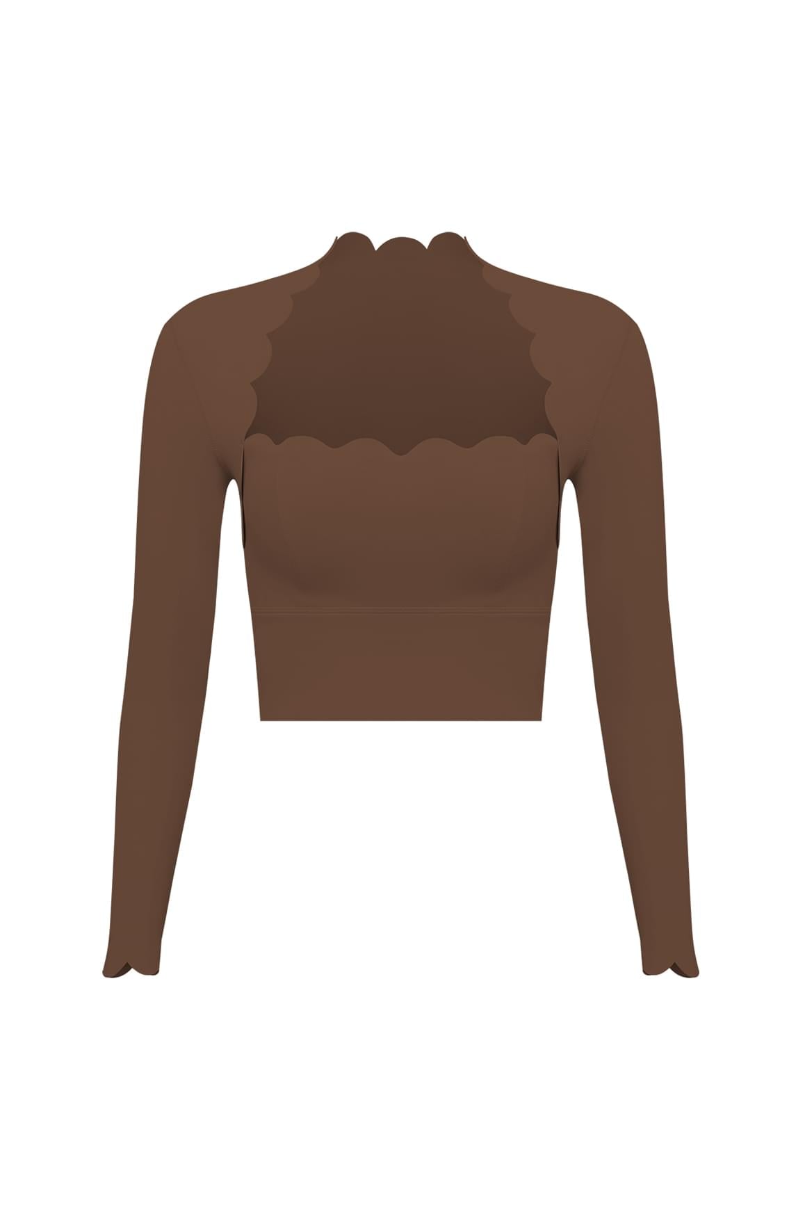 WISKII scallop cropped long sleeve top in sakura zen print, featuring a mini length and scalloped hem design.