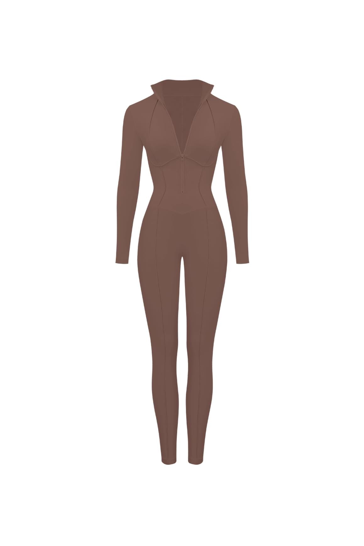 WISKII Solace Tailored Zip Catsuit in mulled wine, a stylish jumpsuit with a fitted design and front zipper detail.