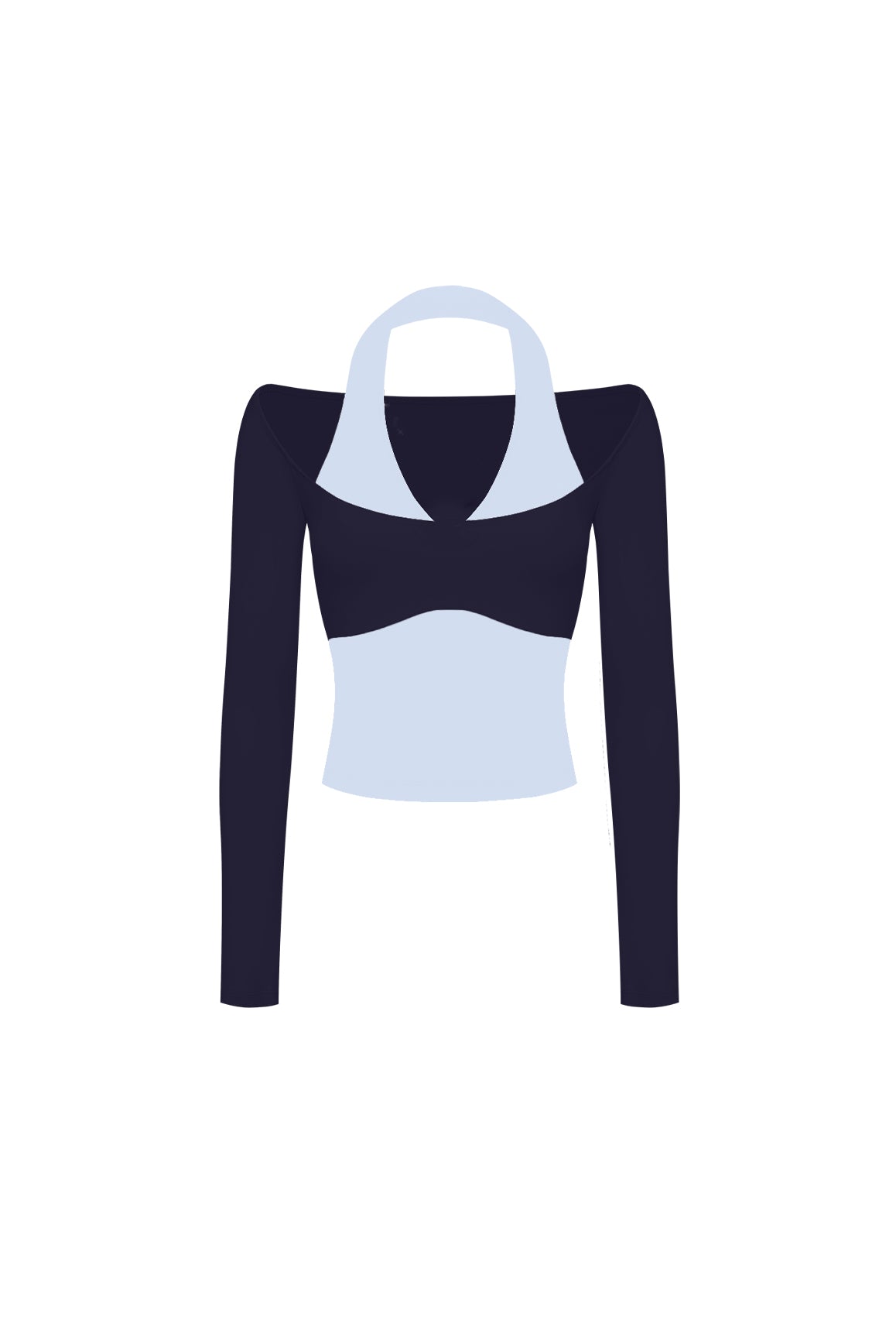 WISKII colorblock one-piece long sleeve top in midnight with contrasting panels, casual shirt for versatile style.