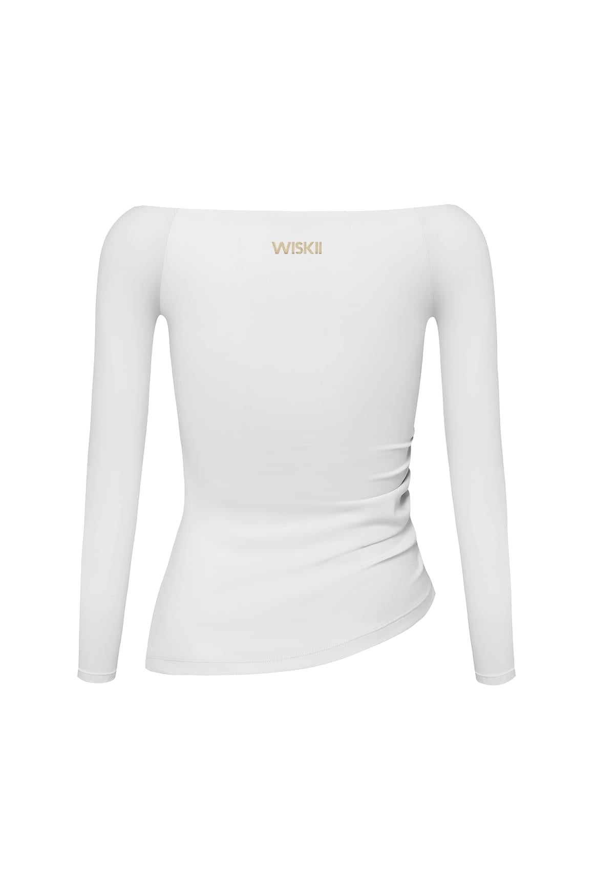 WISKII 品牌的象牙色長袖皺摺露肩上衣,兼具合身設計與優雅露肩風格的時尚單品