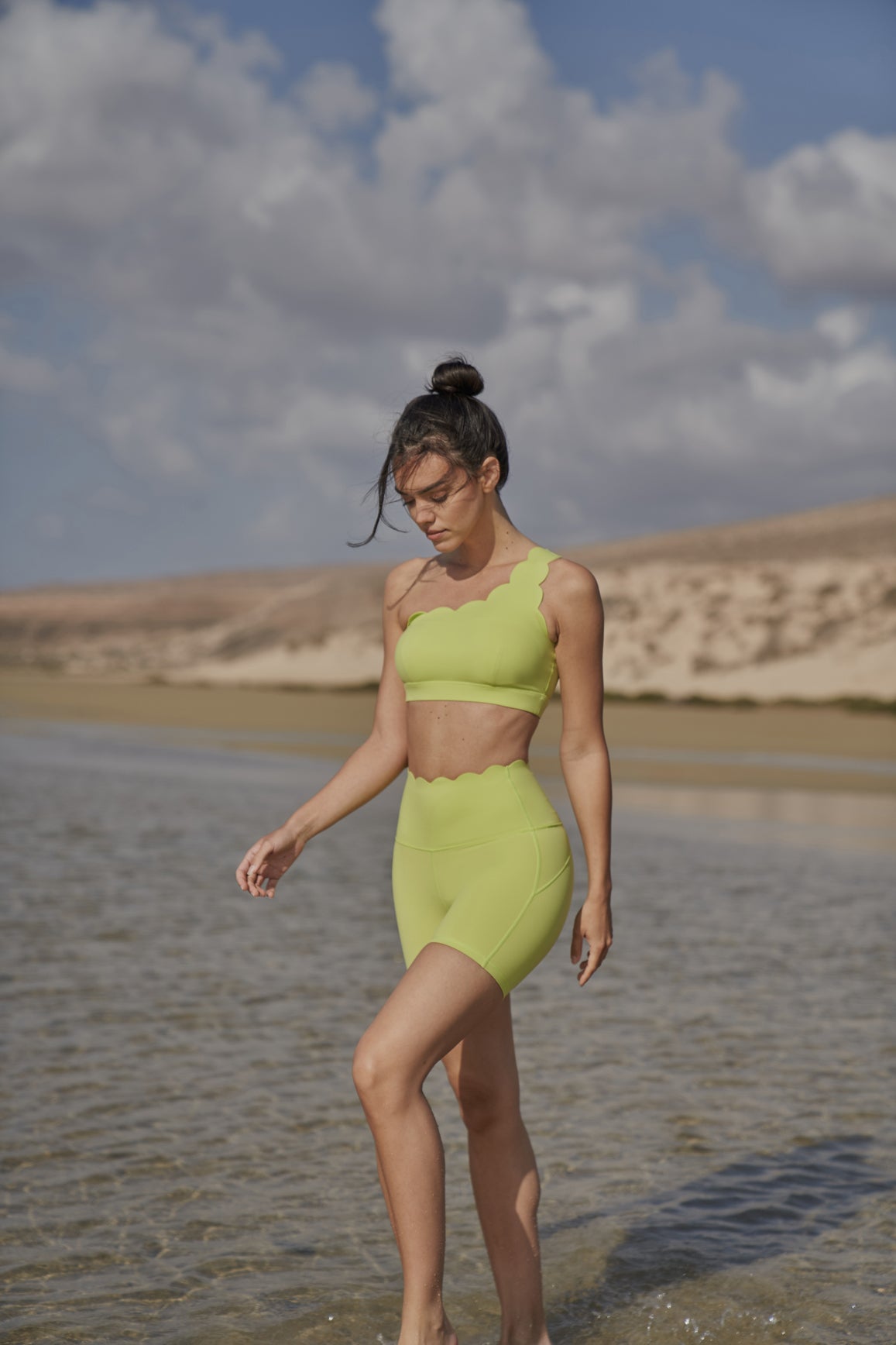 WISKII high-waist sculpting biker shorts in bitter lime, stretchy and form-fitting for active wear and casual outfits.