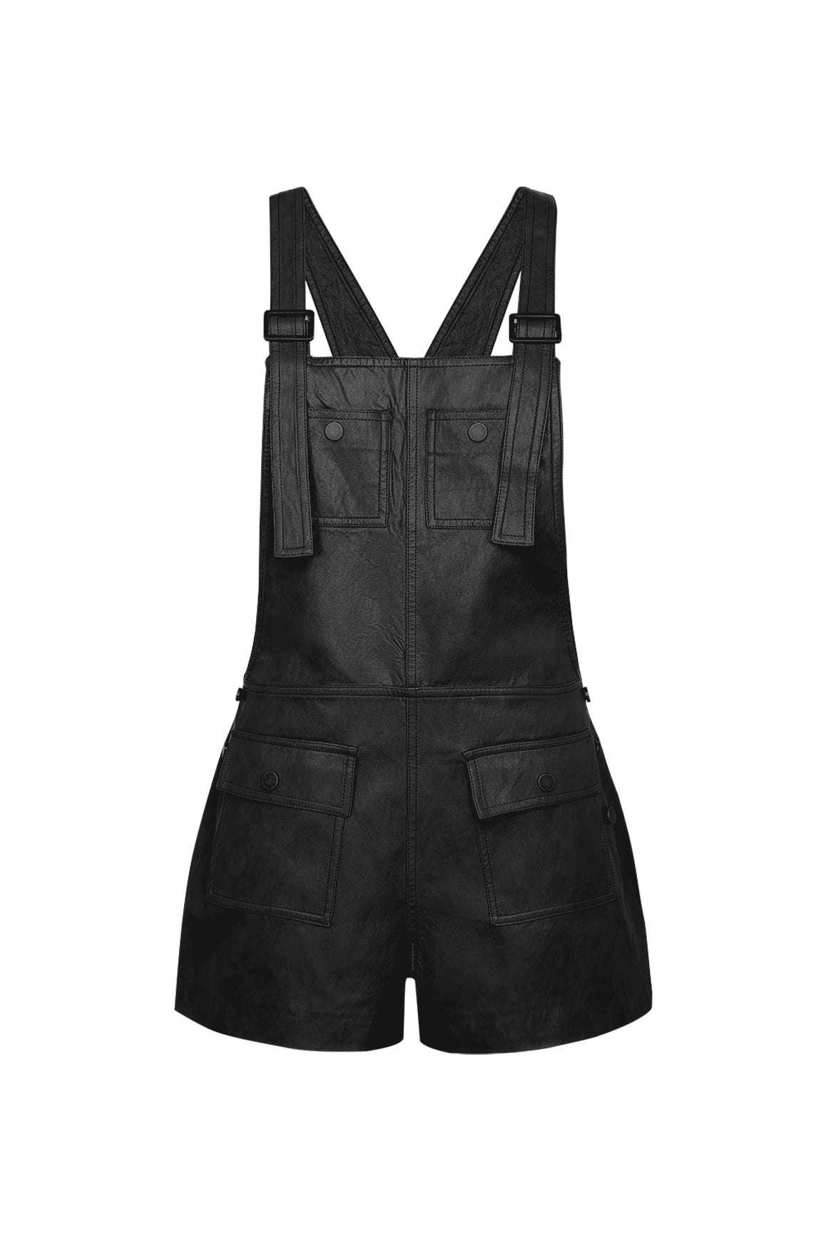 Taupe faux leather overall shorts by WISKII, featuring a stylish design and adjustable straps, perfect for casual wear.