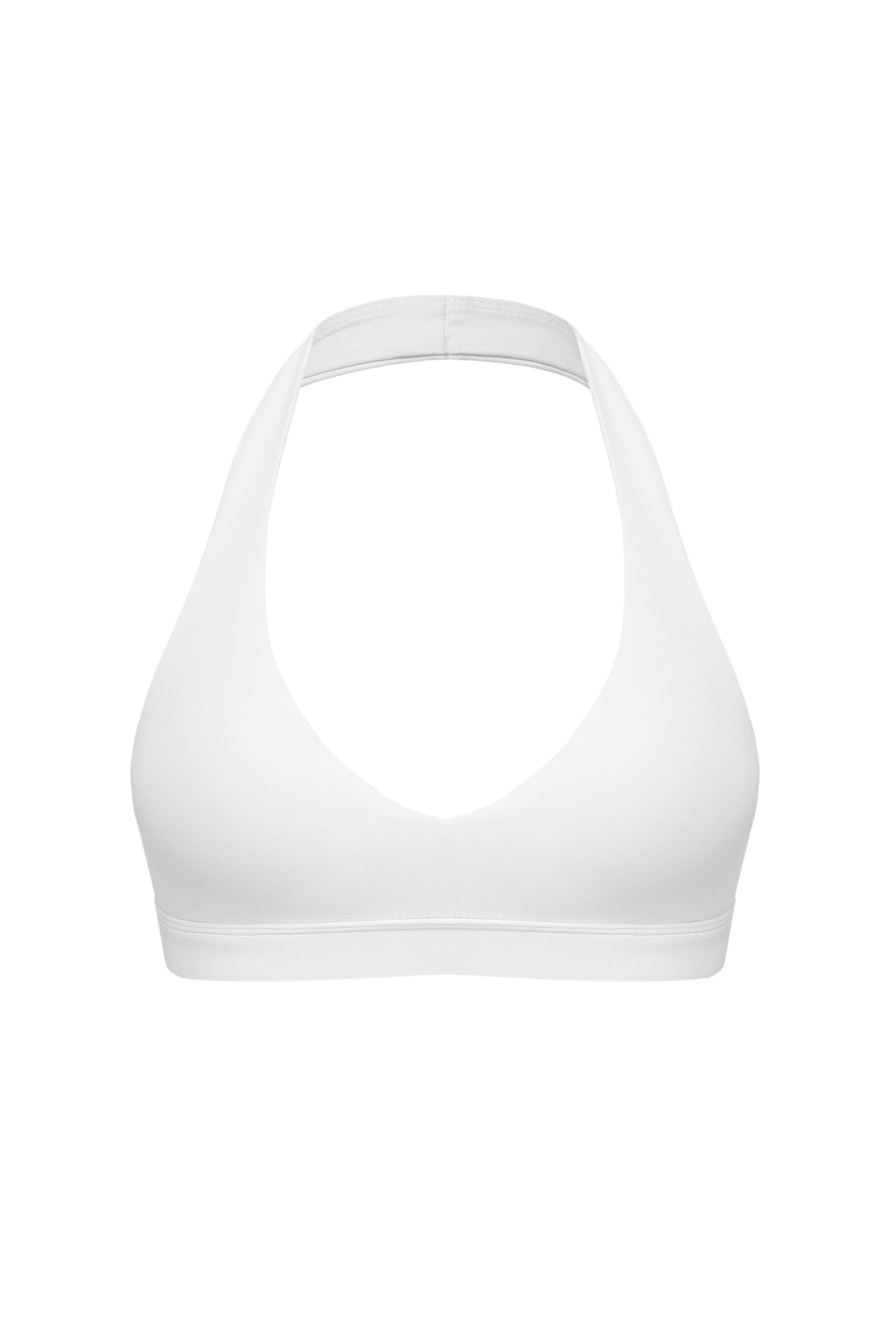 WISKII ivory V-cut halter sports bra with supportive design and sleek fit, ideal for active wear and comfortable movement.