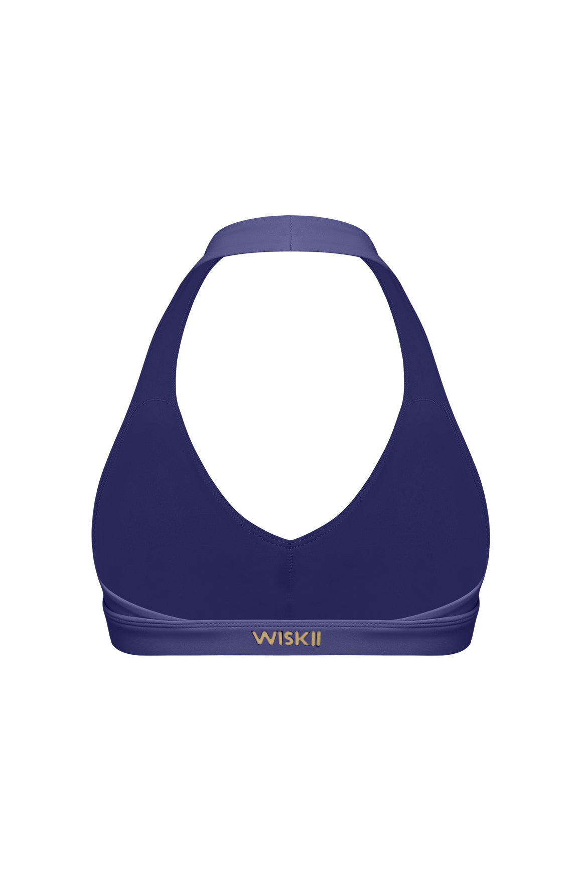 WISKII midnight blue V-cut halter sports bra with supportive design, ideal for active wear and yoga.