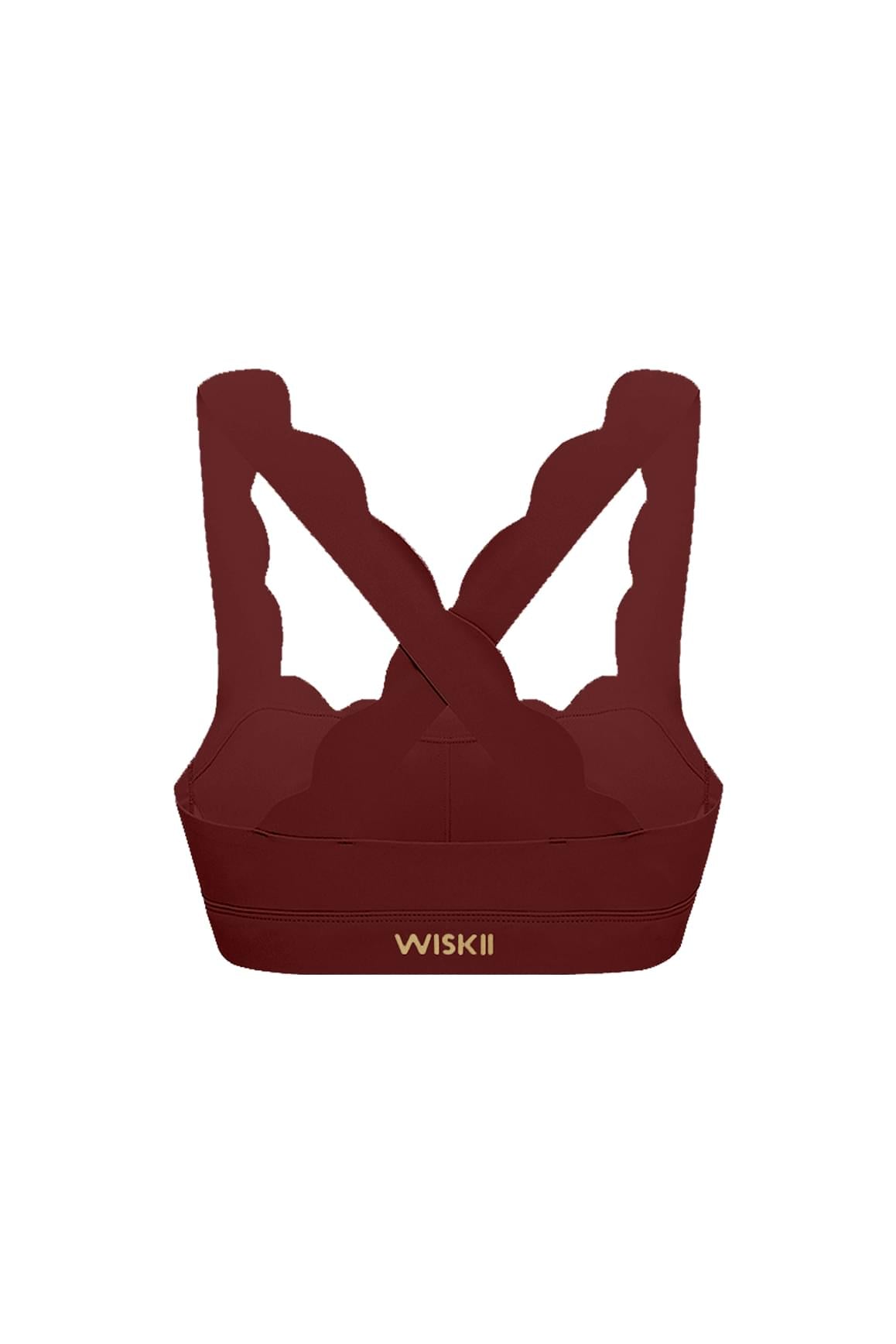 WISKII 交叉美背運動內衣,顏色為熱紅酒色,採用支撐性設計搭配交叉背帶,適合運動穿搭。