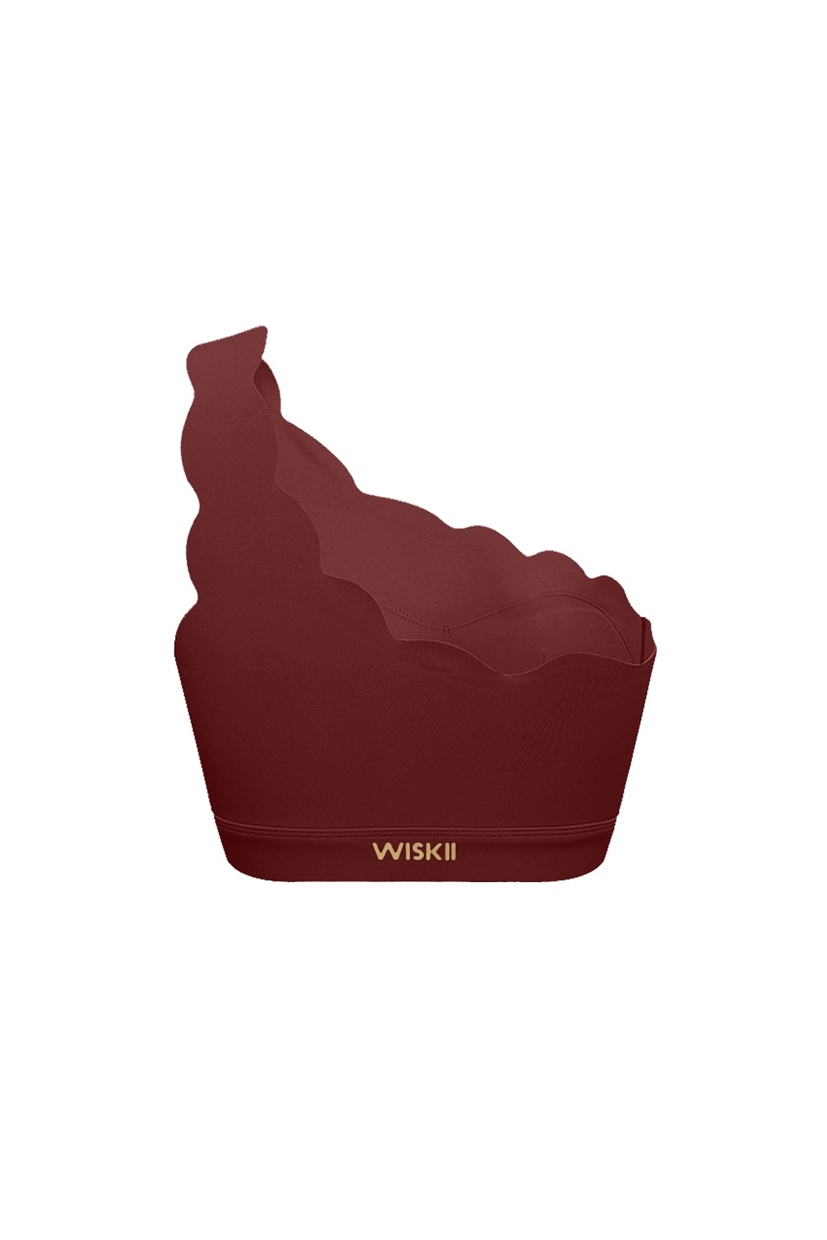 WISKII dynamic one-shoulder sports bra in mulled wine color, showcasing its sleek design and comfortable fit.
