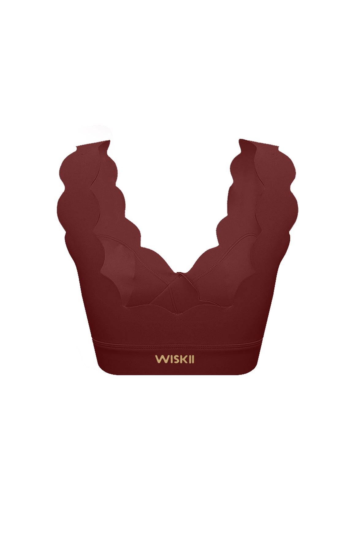 WISKII Soufflé Sports Bra in mulled wine color, featuring supportive design and breathable fabric for activewear.
